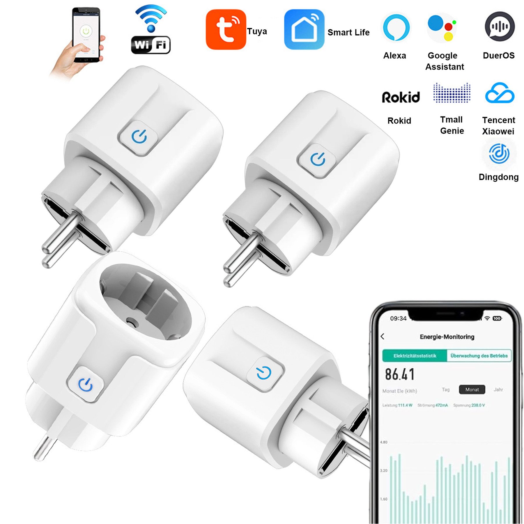 Senmudi Steckdose Steckdose 4er Pack 20A WLAN Smart Steckdose, Smart Stecker mit Strommessung, APP Fernsteuerung, Sprachsteuerung, Zeitschaltuhr, Kompatibel mit Alexa/Google Assistant/Smart Life
