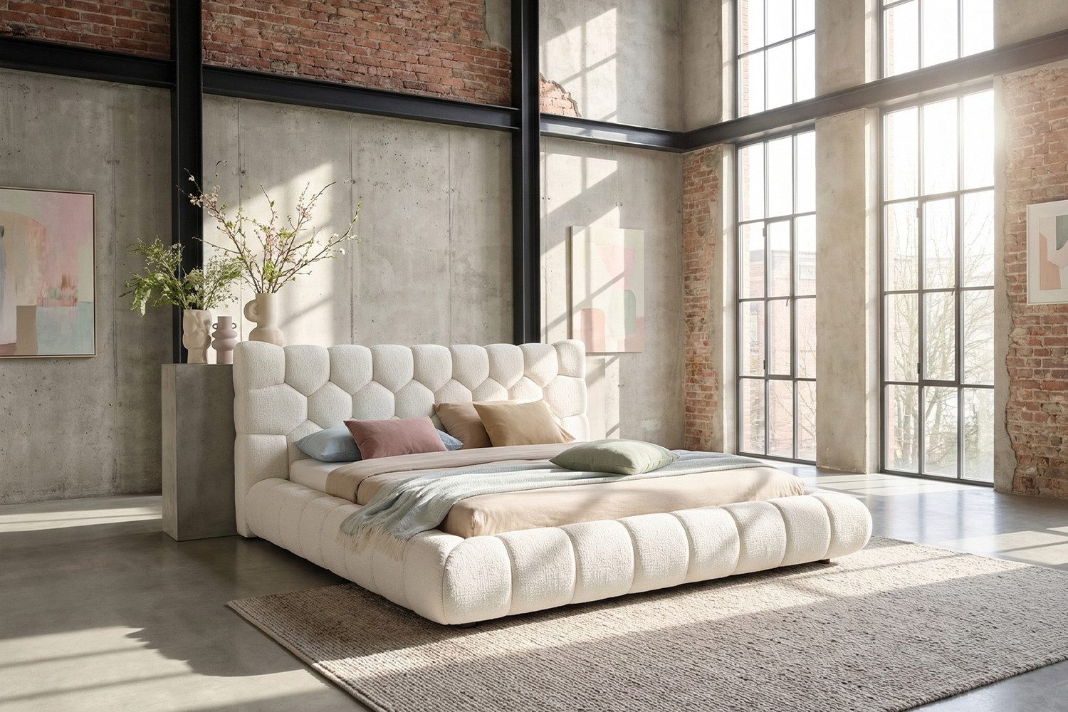 KAWOLA Polsterbett ATTICO Bouclé - Modernes Statement - Design Highlight, Inklusive Lattenrost 3-fach höhenverstellbar - Komfortabel & flexibel