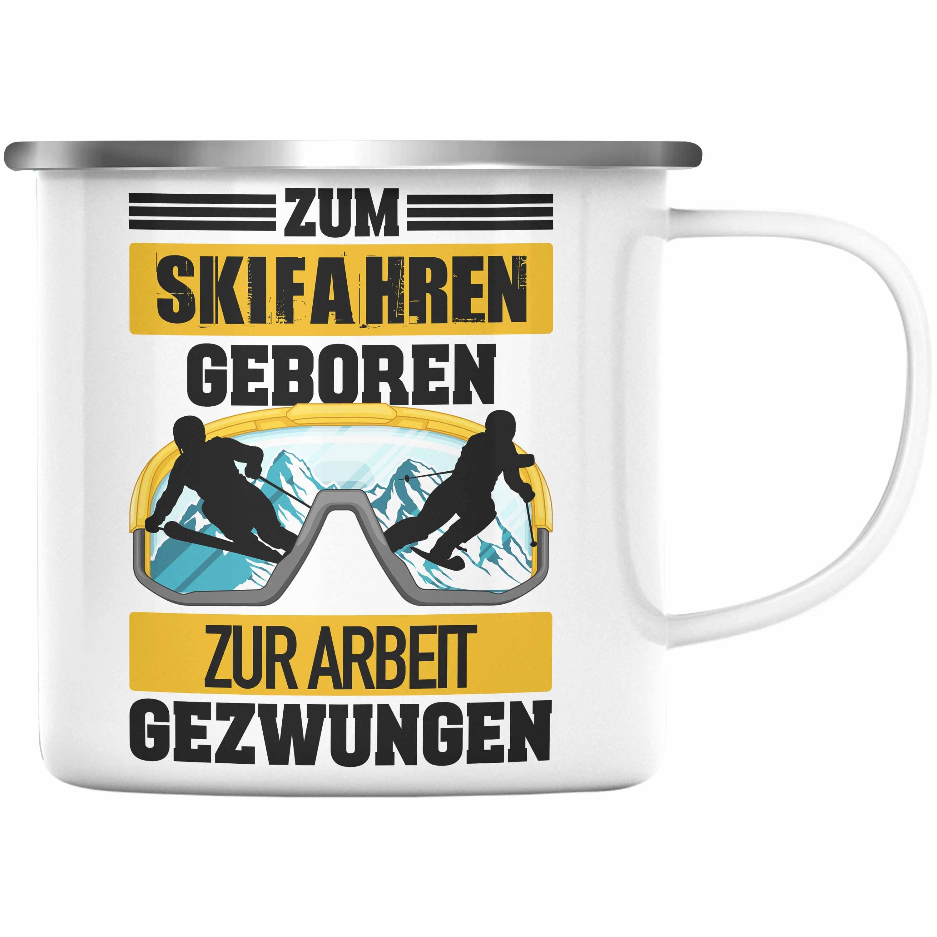 Trendation Thermotasse Trendation - Ski Fahren Emaille Tasse Geschenk Skifahrer Geschenk Emaille Tasse Lustig für Männer Frauen Skifahren Witz Spruch Sprüche Silber