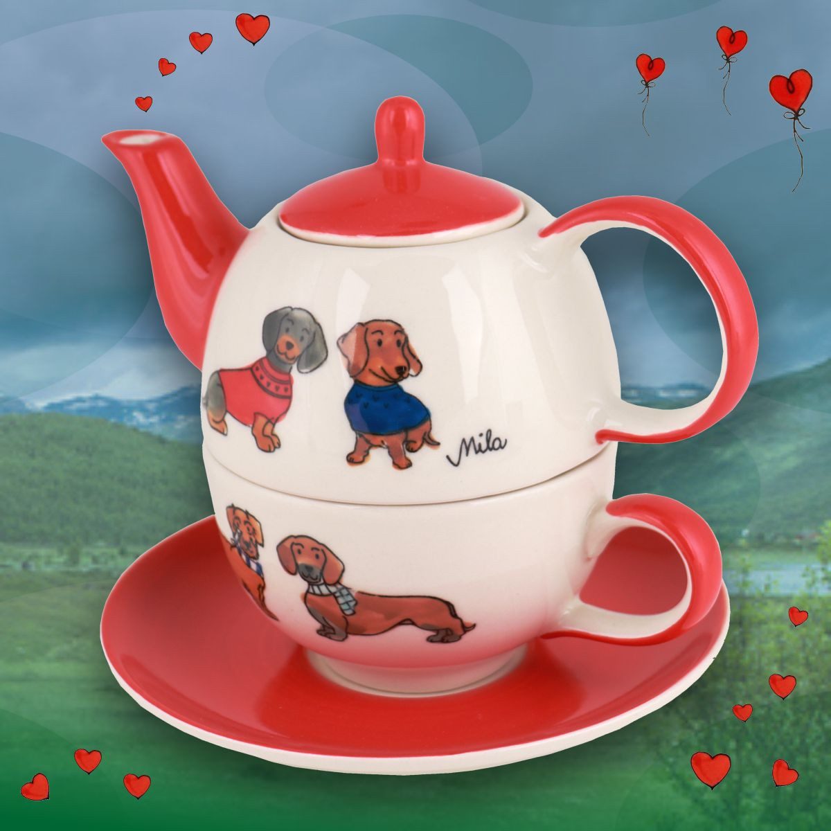 Mila Teekanne Mila Keramik Tee-Set Tea for One Dackelfreunde, 0.4 l, (Set, Tee-Set)