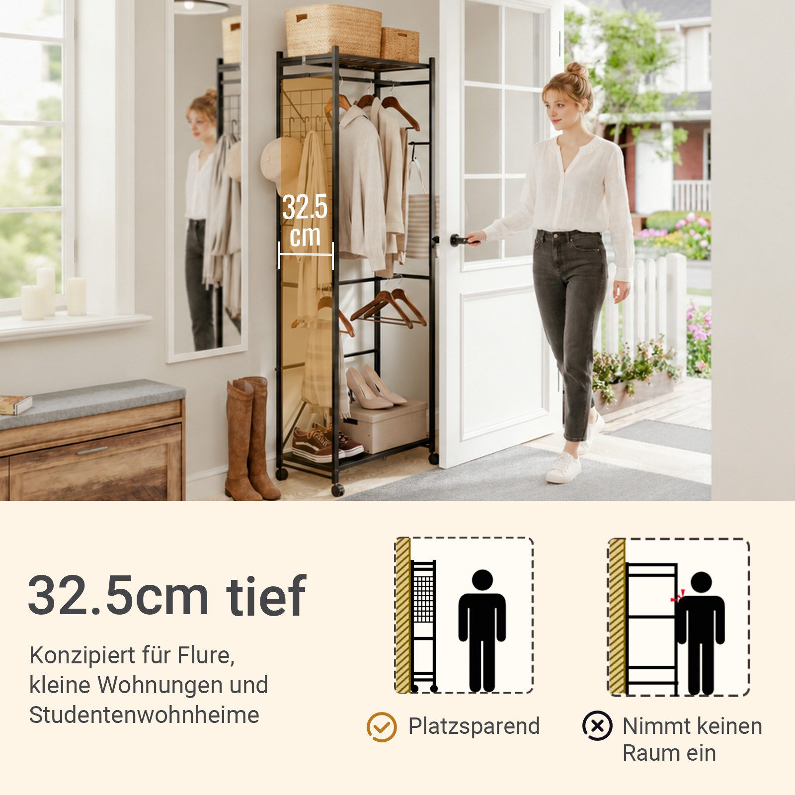 SoBuy Kleiderständer Kleiderständer, (1er Set), Mit Haken, Ablagefläche und Gitternetz, werkzeuglose Montage in 5 Min