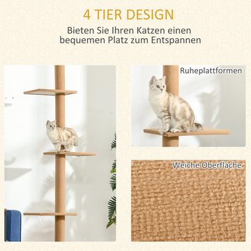 PawHut Kratzbaum Deckenhoch, Höhenverstellbarer Katzenbaum mit 3 Ebenen, Hellbraun, 43L x 27B x 228-260H cm