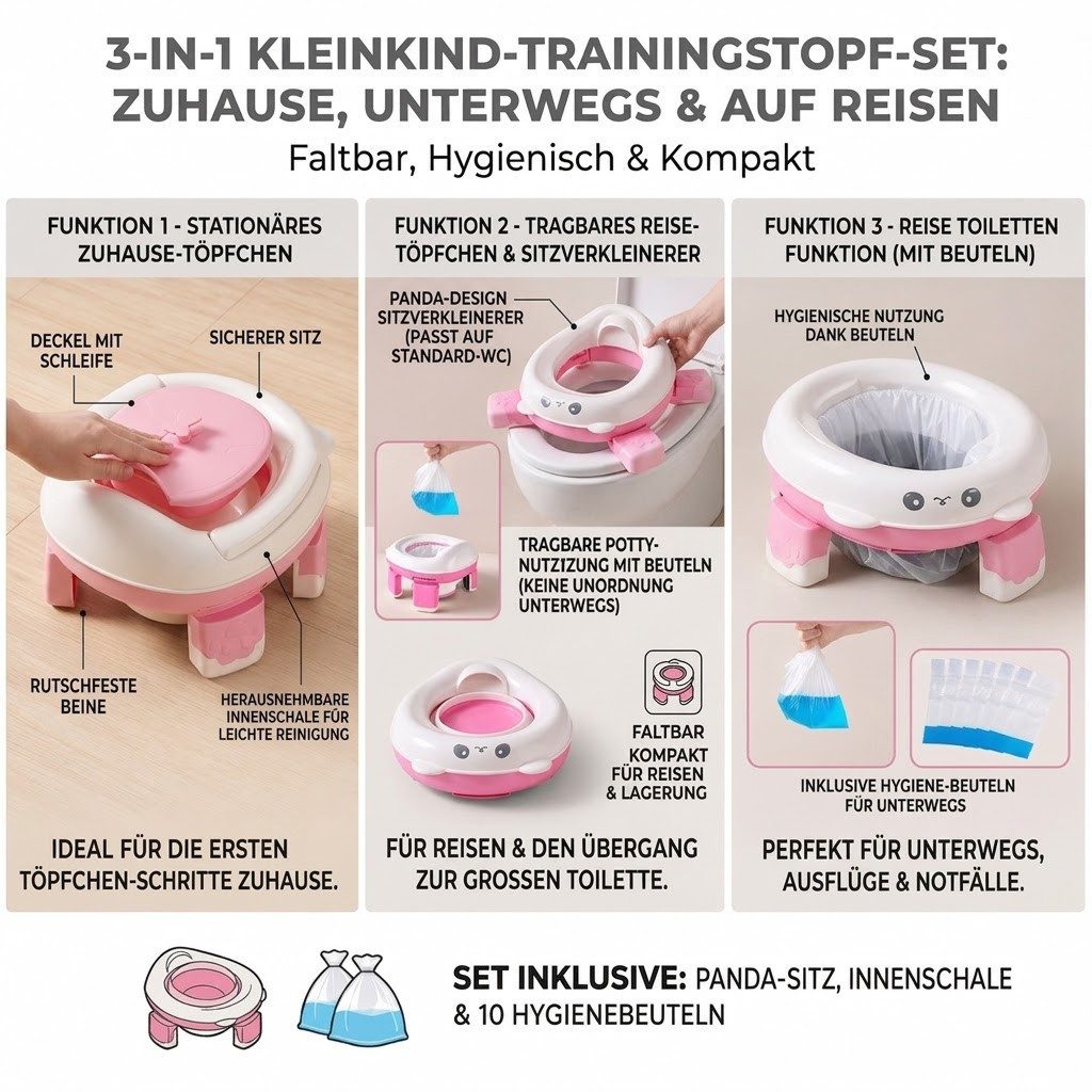 P & K Töpfchen Tragbarer Toilettensitz Reise-Toilette, faltbar und leicht zu reinigen