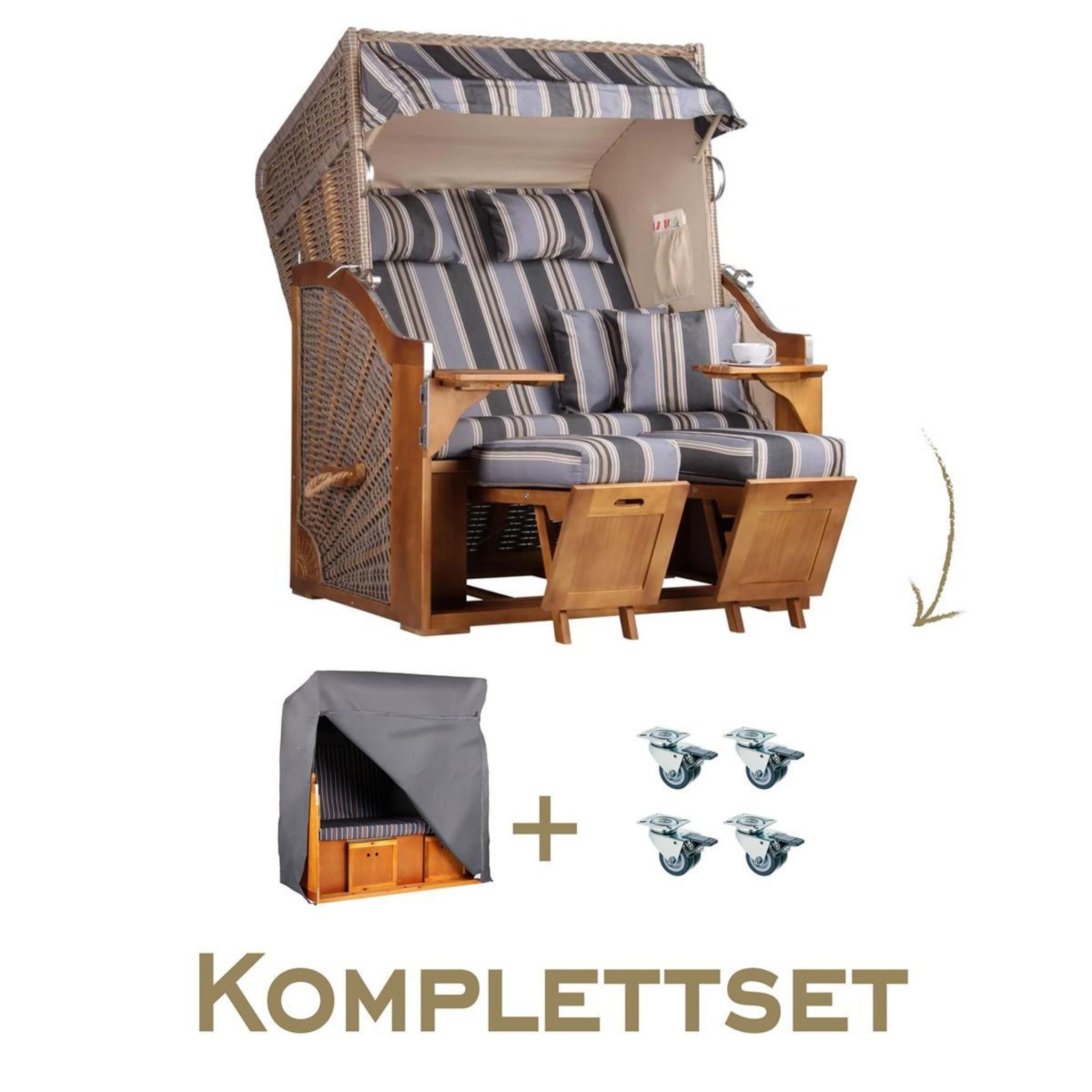 MR.DEKO Strandkorb Komplettset 2-Sitzer Pinie PE-Geflecht 120x160 + Schutzhülle & Rollen, BxTxH: 120x80x160 cm, Volllieger, Schleswig, (Luxus-Komplettset 4-tlg. inkl. Abdeckhaube, 4-tlg., Strandkorb inkl. Aero Protect, Rollen & Lifter-Set), Wetterfester Strandkorb inkl. Lifter & Rollen, Fertig montiert