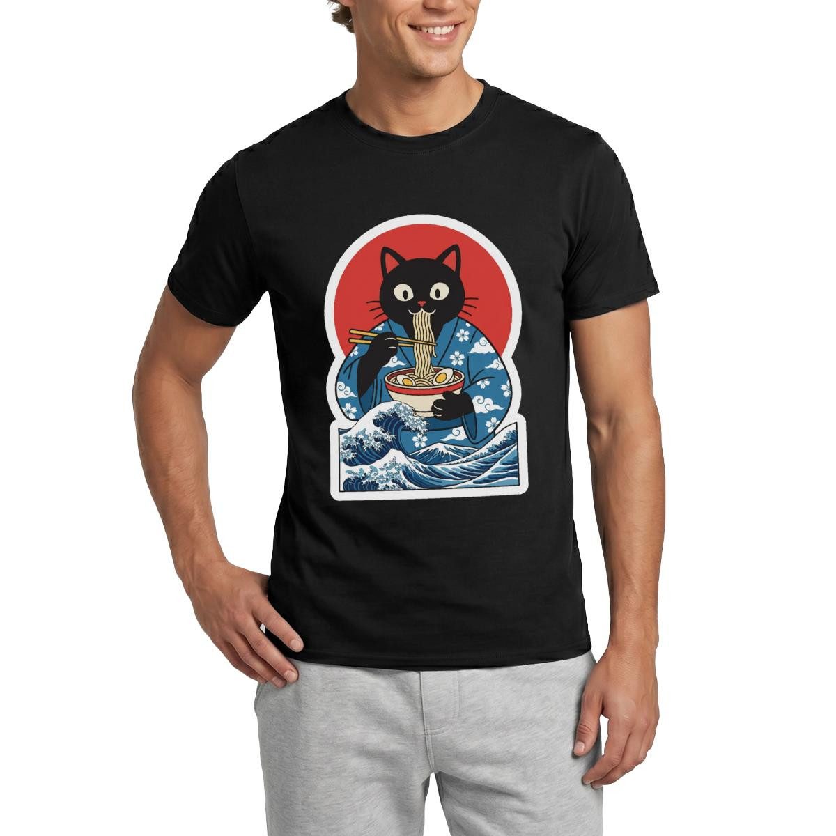 Spreadshirt T-Shirt Ramen Katze, Schwarze Katze Im Japan-Look Männer T-Shirt (1-tlg)