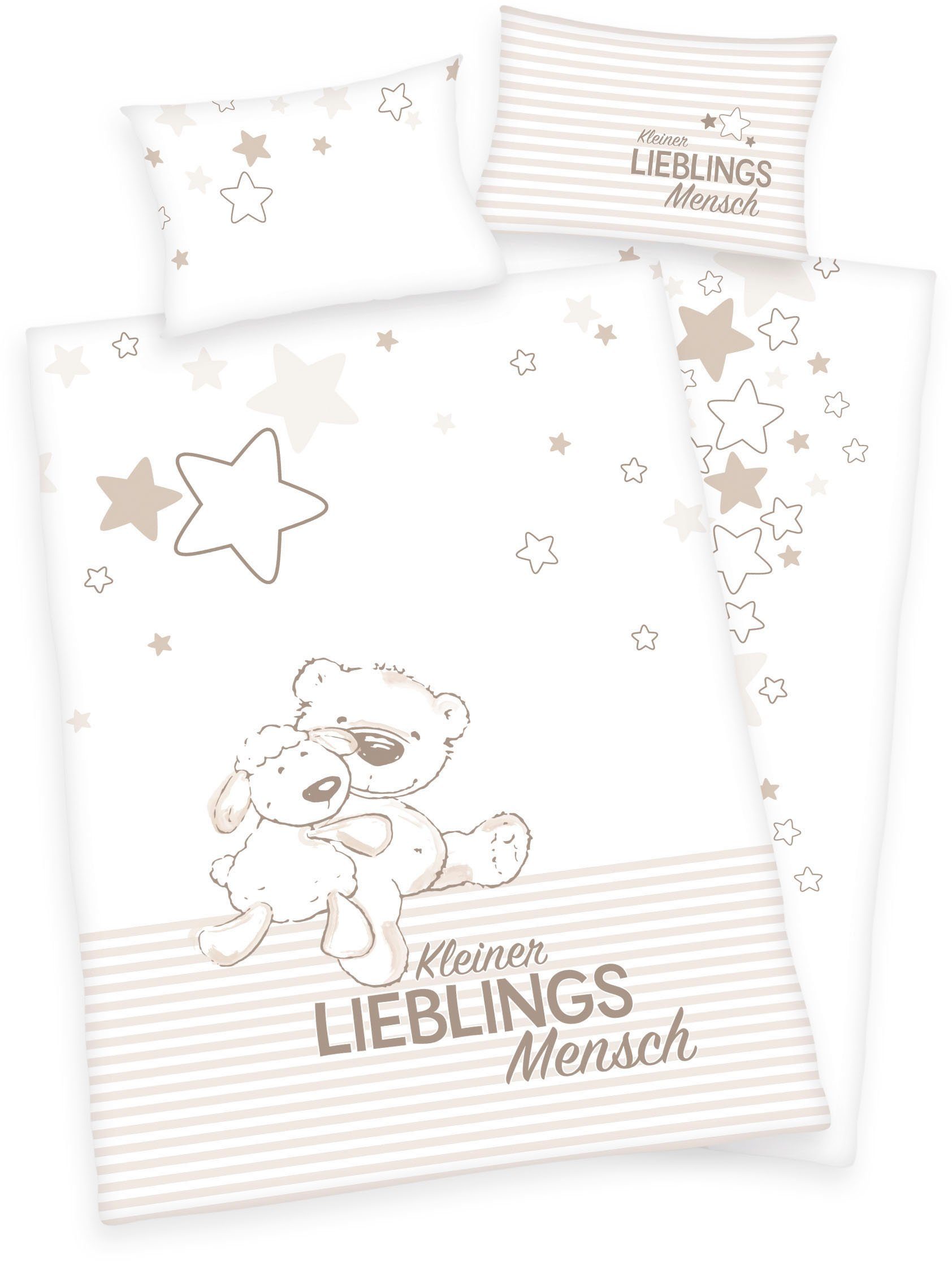 Babybettwäsche Kleiner Lieblingsmensch, Baby Best, Renforcé (Bio-Baumwolle), mit niedlichem Teddy-Motiv und Schriftzug