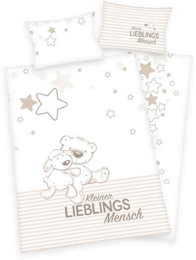 Babybettwäsche Kleiner Lieblingsmensch, Baby Best, Renforcé (Bio-Baumwolle), mit niedlichem Teddy-Motiv und Schriftzug