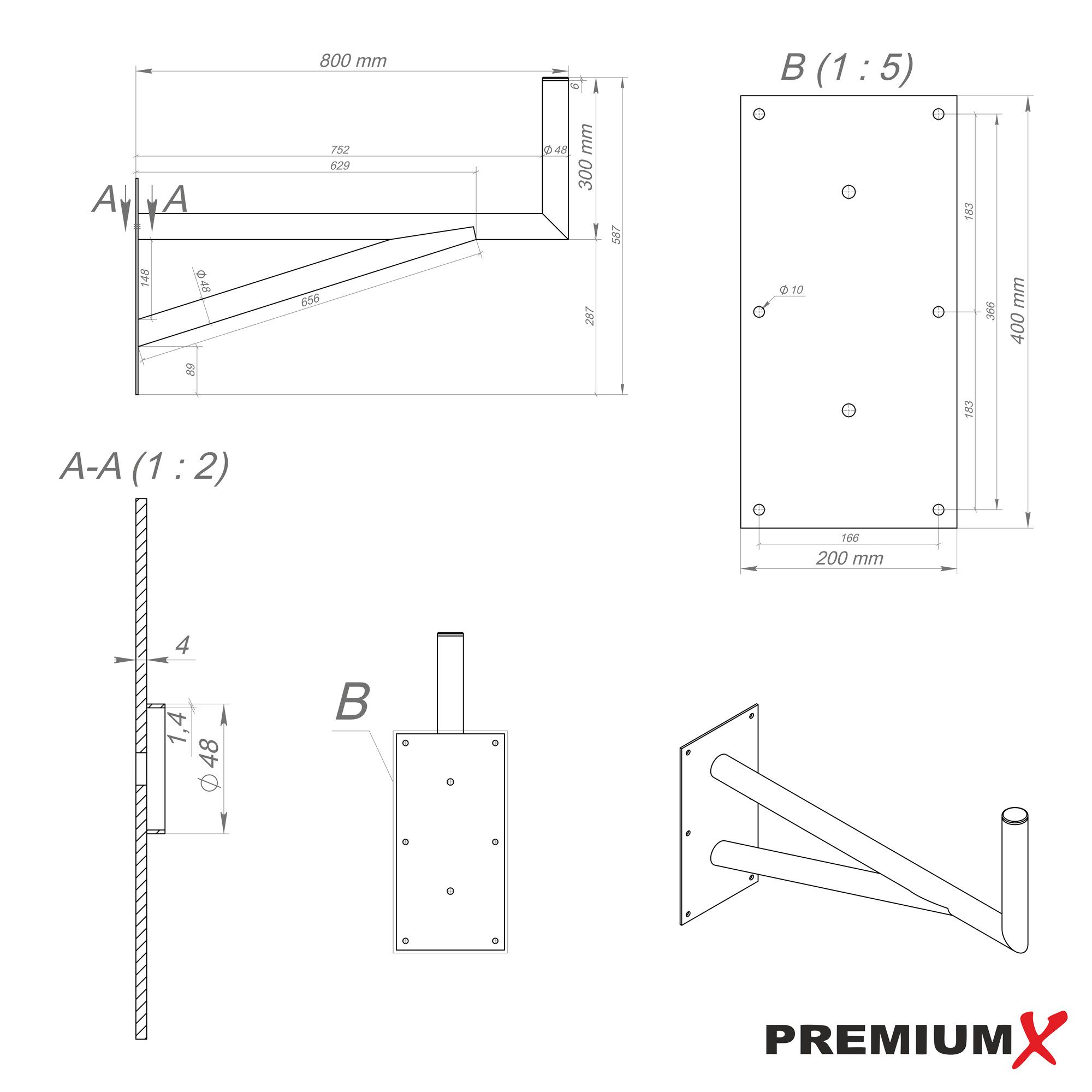 PremiumX SAT-Halterung 80cm Wandhalter Stahl verzinkt SAT Wand Halterung mit Stützelement – Bild 3 von 4