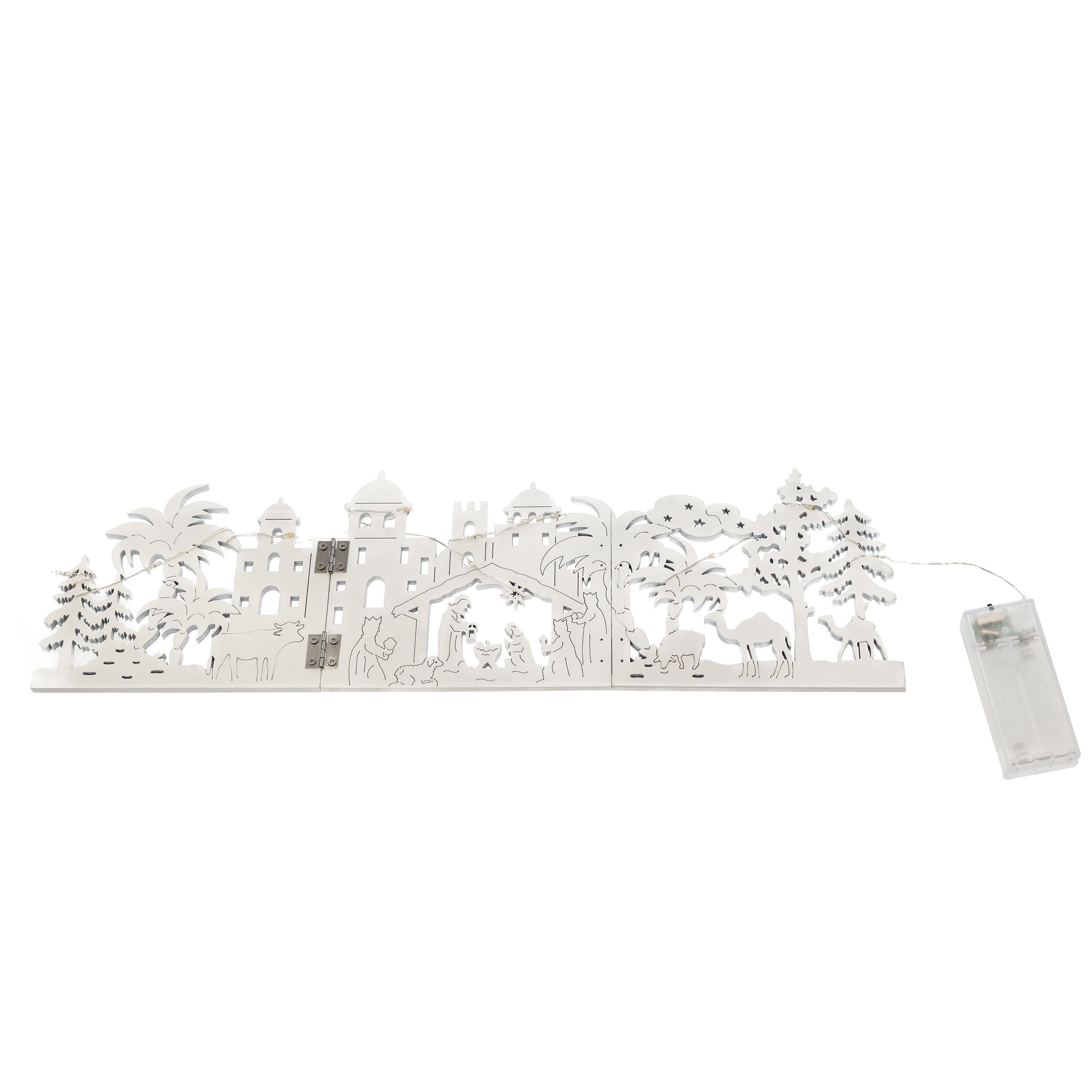 IC Winterworld Weihnachtsszene LED Holz-Landschaft zum klappen, beleuchtet mit 10 warm-weißen LEDs, weiße Weihnachtsdeko zum Hinstellen, batteriebetrieben, aus Echtholz