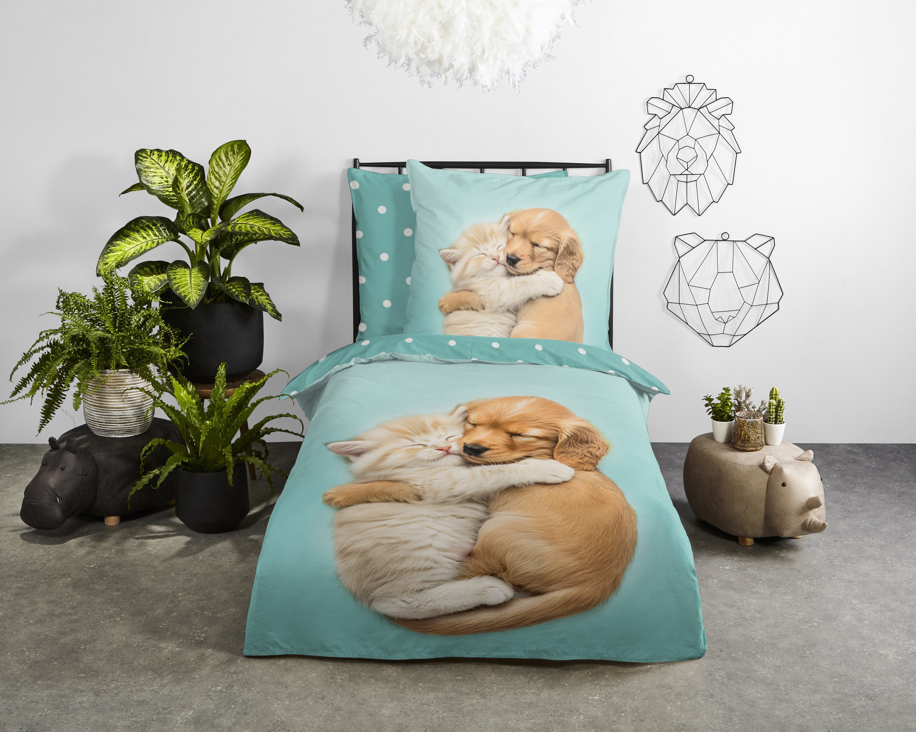 good morning Kinderbettwäsche Paxy, Renforcé, 2 teilig, Baumwolle, Renforcé, Wendeoptik, Kind, Hund, Katze