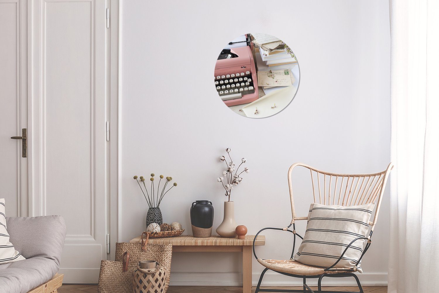 Schreibmaschine Kinderzimmer, St), einer rosa MuchoWow Wohnzimmer mit Tapetenkreis (1 Briefe Wandsticker Tapetenaufkleber, Rund, für