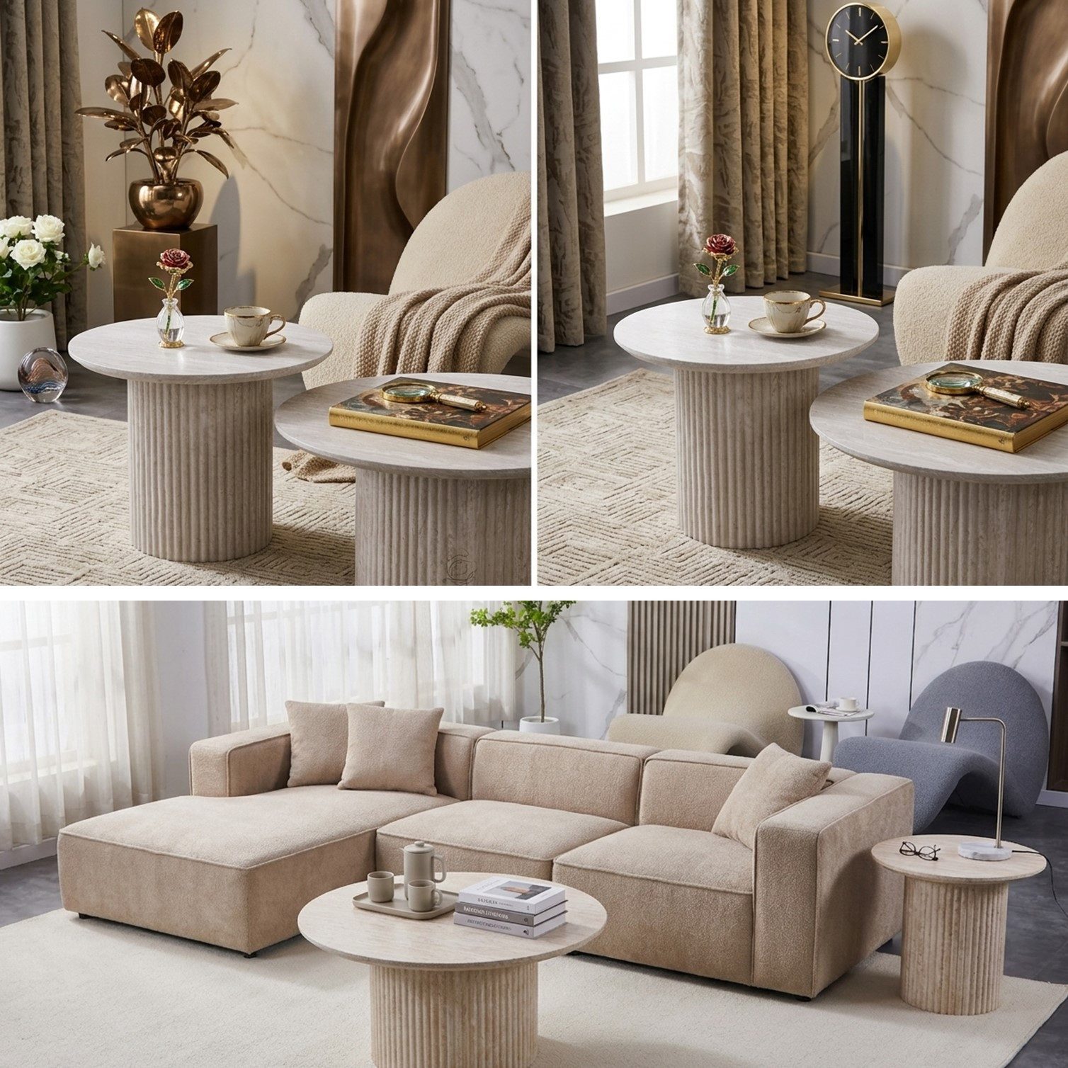 HOOZ Couchtisch Wohnzimmertisch rund 2er Set Trommel Gestell Traventin Optik 80 & 60cm (Set, 2-St., 2× Satztisch), Sofatisch mit geriffeltem Gestell – stabil & pflegeleicht