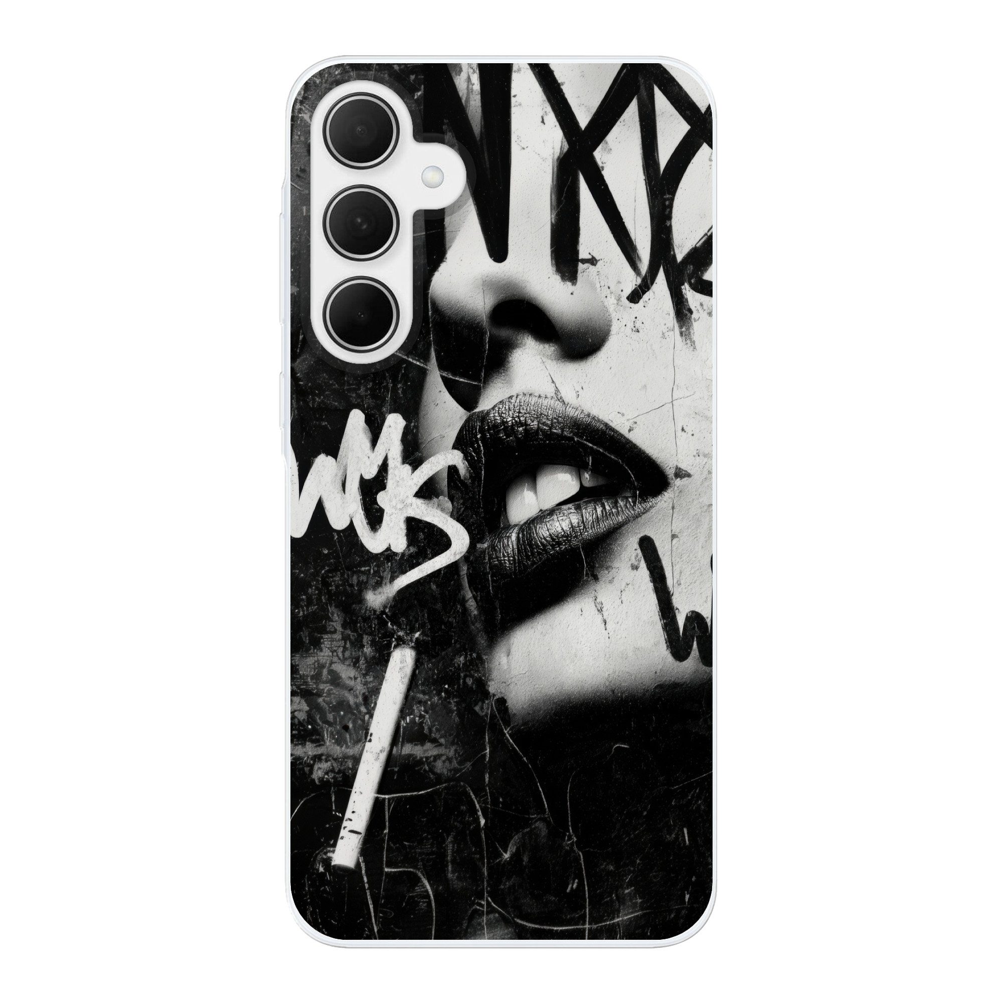 MuchoWow Handyhülle für Samsung Galaxy A35 5G Gesicht - Mund - Graffiti - Schwarz, Smartphone-Bumper, Print, Handy Schutzhülle Dünn