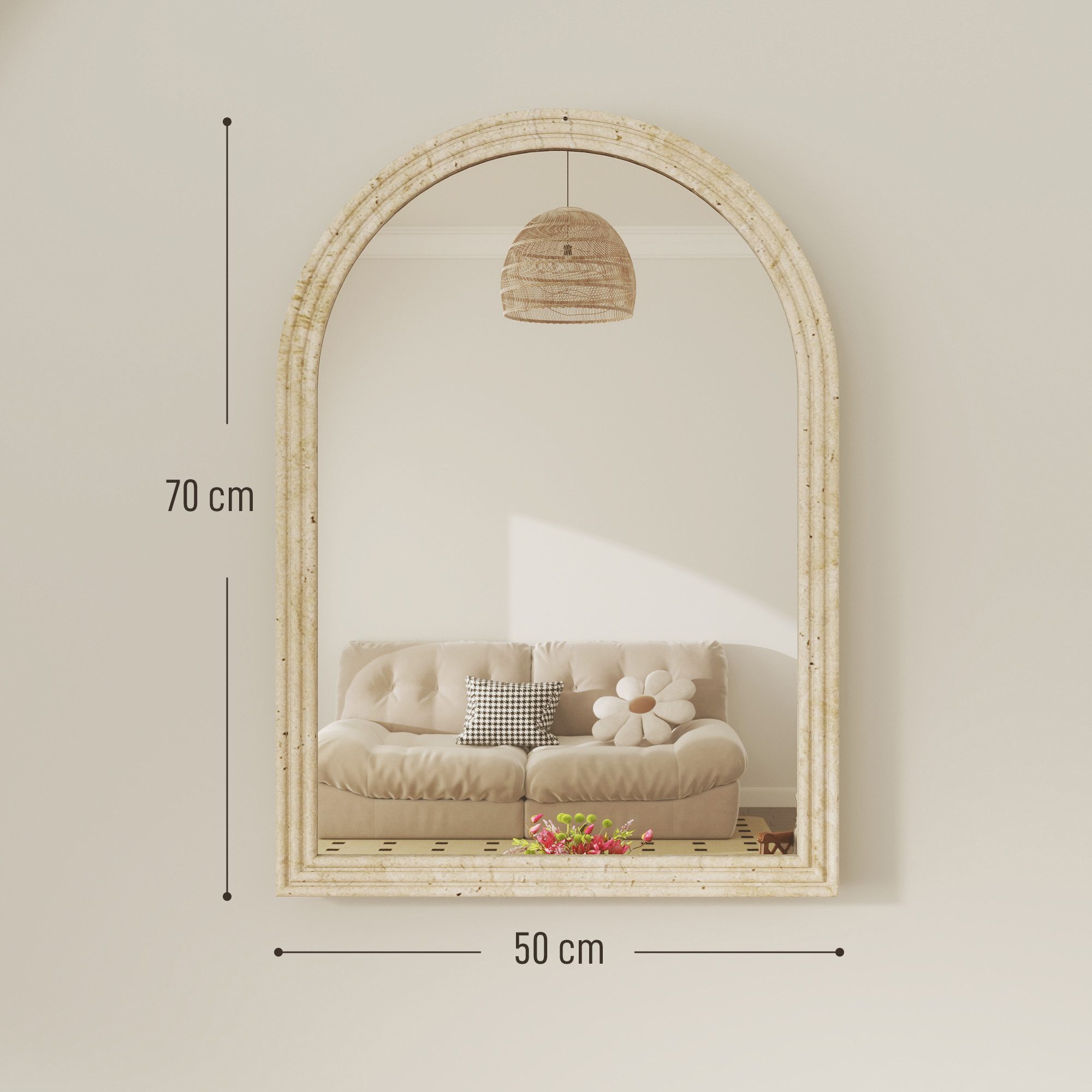 HOMCOM Wandspiegel Badezimmer Spiegel für Schlafzimmer, Wohnzimmer, Flur, Beige (50 x 70 cm Bogenförmig Spiegel, 1-St., Dekorativer Hängespiegel), für Schlafzimmer Badezimmer Wohnzimmer Flur Beige