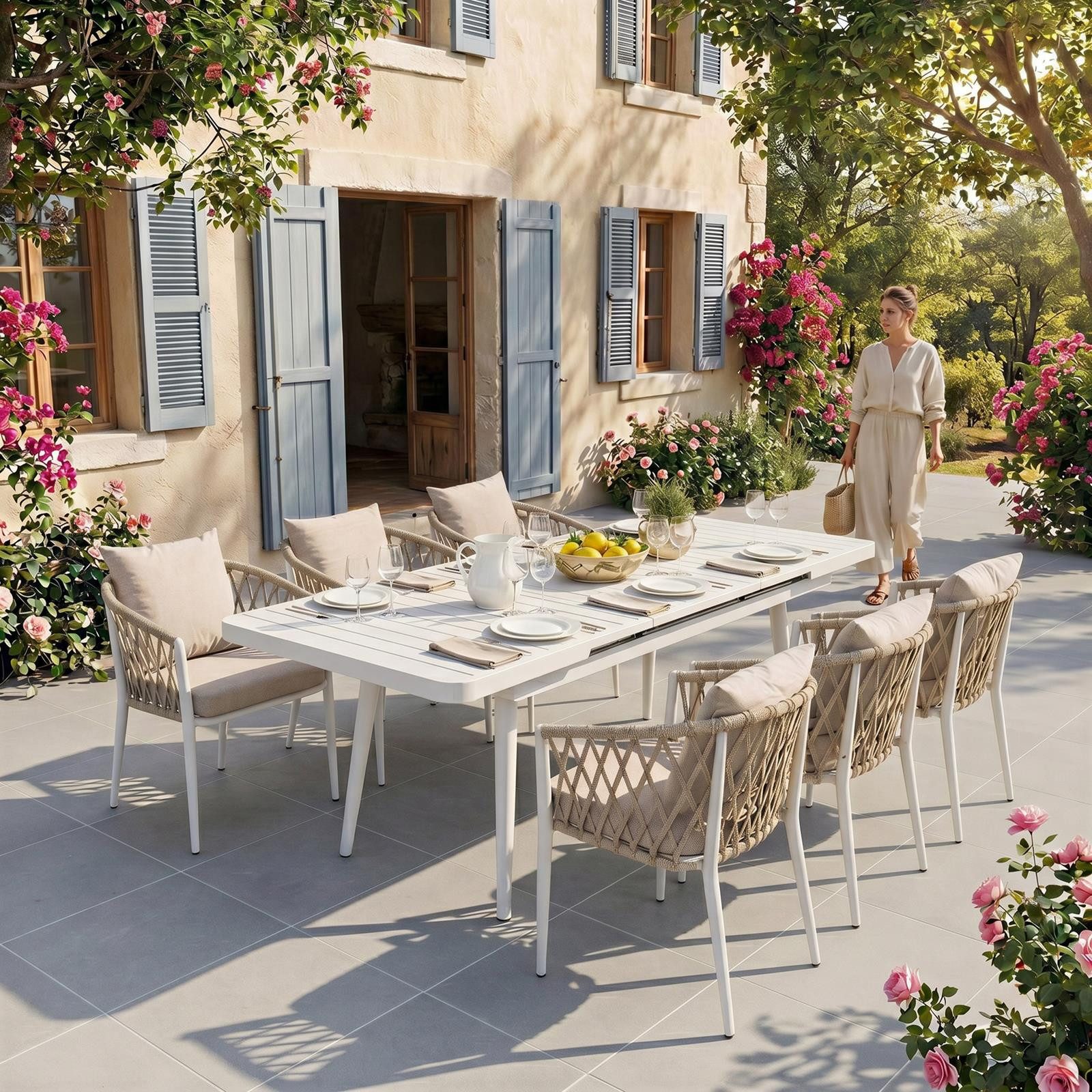 IDIMEX Garten-Essgruppe SUNNY, (7-tlg), Gartenmöbel Set mit 6 Stühlen & ausziehbarem Tisch weiß/beige