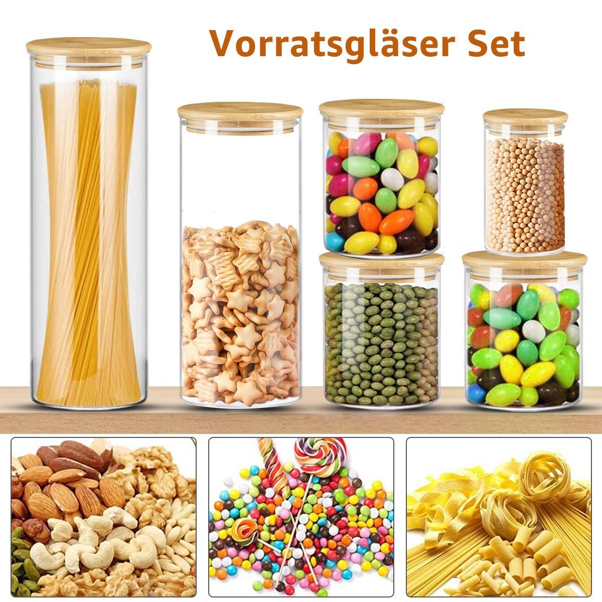 Set 7Magic (350ml+550ml+550ml+550ml+1300ml+2200ml, Keksdose, 6-tlg., Zuckerdose Kaffeedose, Müslispender, Deckel, Marmeladenglas, Set), mit Vorratsgläser 6er Vorratsdosen Vorratsdose