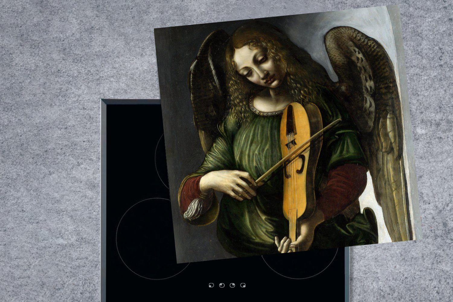 Ceranfeldabdeckung, in cm, Fahne Herdblende-/Abdeckplatte tlg), MuchoWow 78x78 Grün für da (1 Vinci, Vinyl, - küche Arbeitsplatte einer Ein Engel mit Leonardo