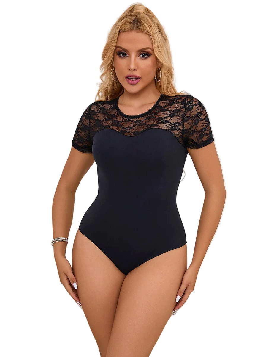 Lau-Fashion Body Damen Unterwäsche Schwarz Spitze & transparentem Rücken Kurzarm
