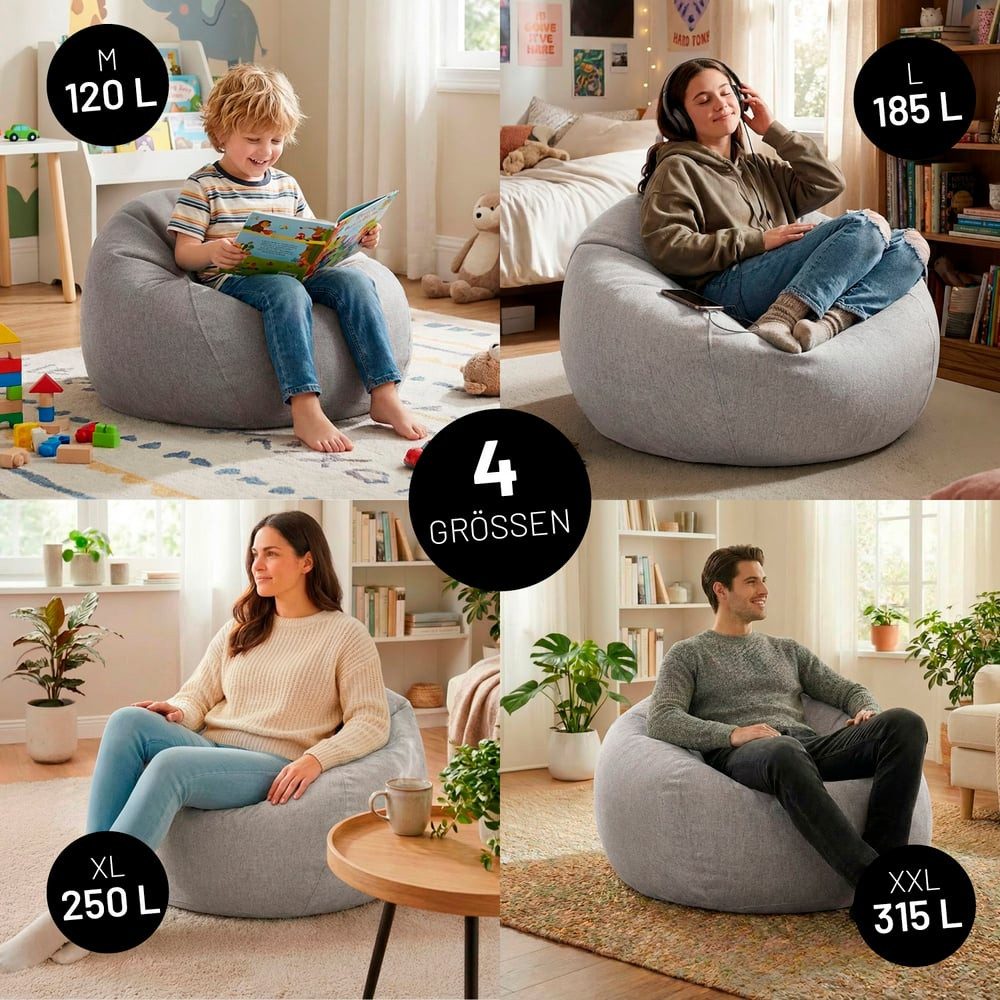 Lumaland Sitzsack LUMALAND Comfort Line Sitzsack L, 185 L - bequemer Indoor Sofa Sessel, Pouf separat erhältlich - Bean Bag mit Füllung - XXL Lounge Sitzkissen – Bild 4 von 5