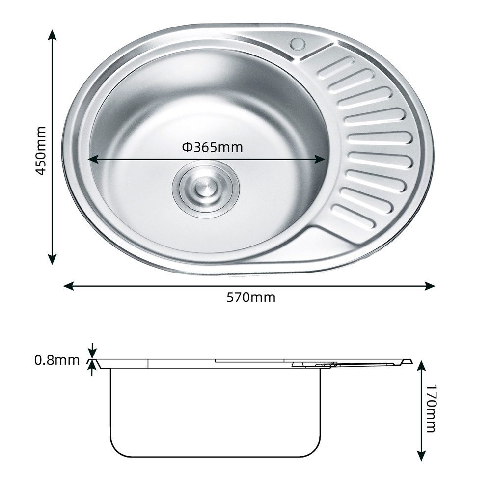 Melko Edelstahlspüle Spülbecken Küchenspüle Einbauspüle aus Edelstahl mit Ablage 57CM, Rund, 57/45 cm, Komplett-Set, (Set), Anti-Kondensbeschichtung – Bild 5 von 5