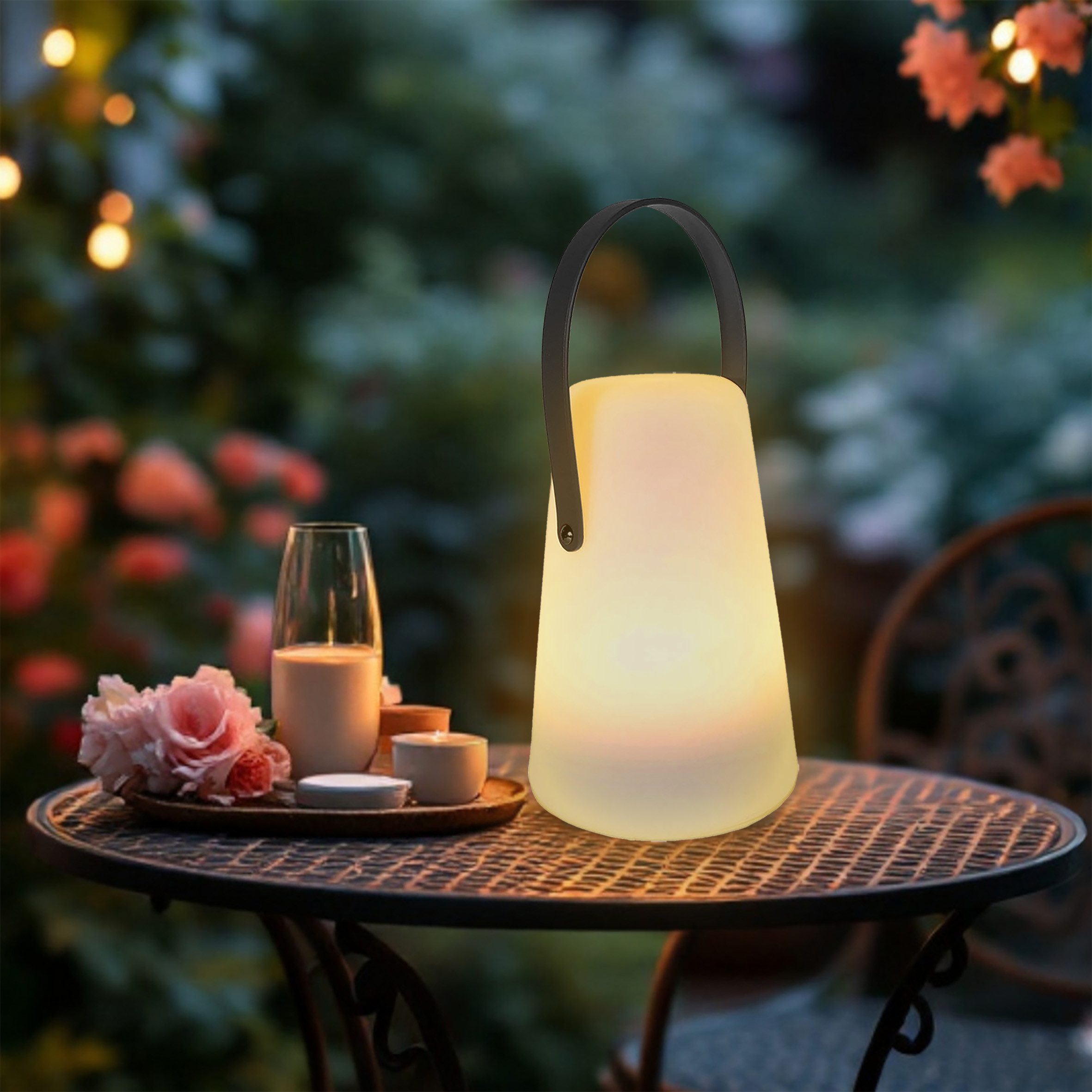 Spetebo Außen-Tischleuchte LED Tischlampe mit Lederband konisch rund, mit Timer, LED fest integriert, warm weiß, Gartenlampe