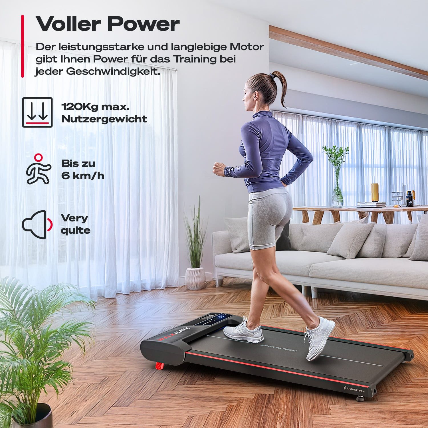 Sportstech Laufband WalkMate, Walking Pad für Zuhause, 6km/h, Schrittzähler, Transportrollen