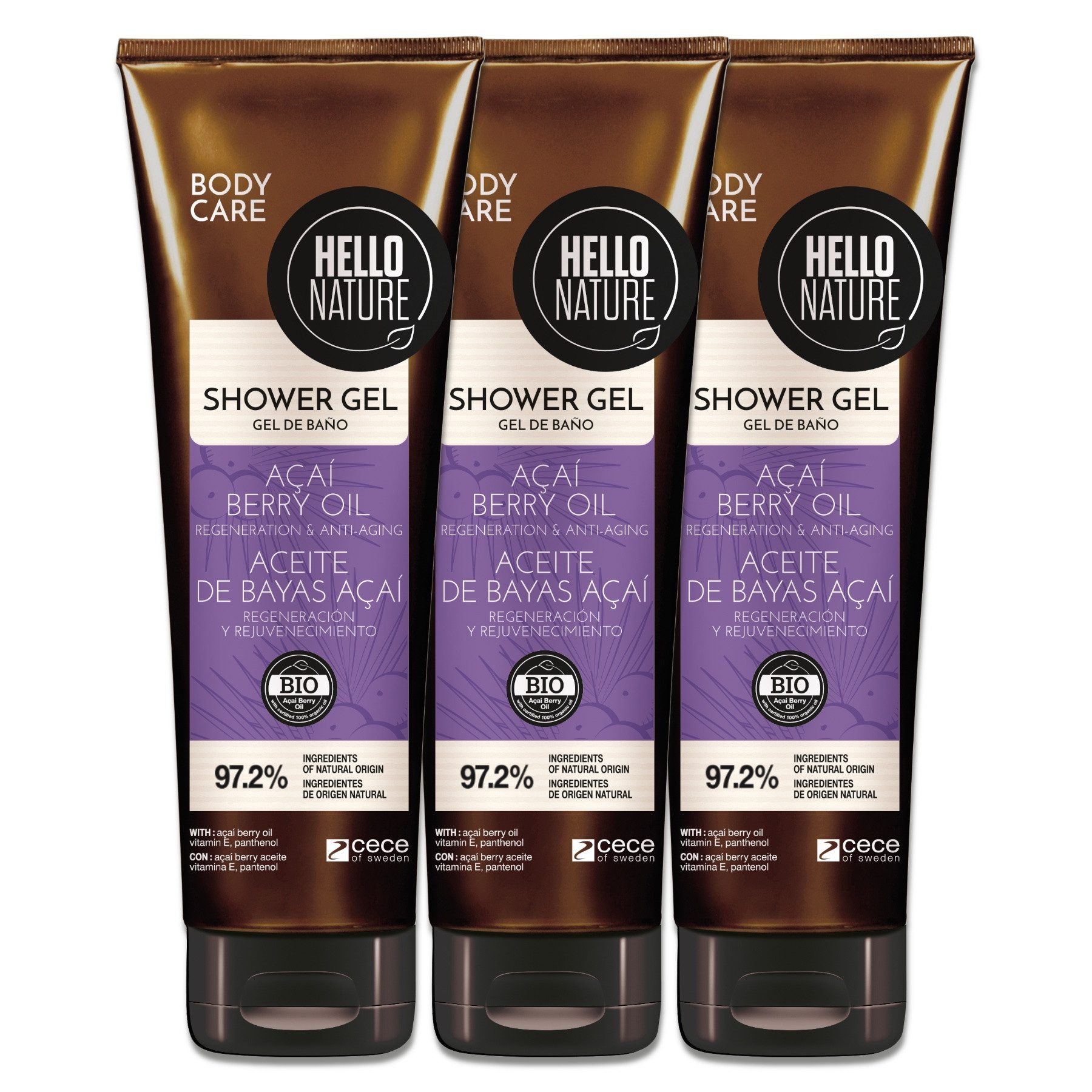 Hello Nature Duschgel Duschbad Herren Damen Shower Gel Waschmittel mit Acai-Beeren, 3-tlg., Hautpflege, Duschgel, Acai, Hello Nature