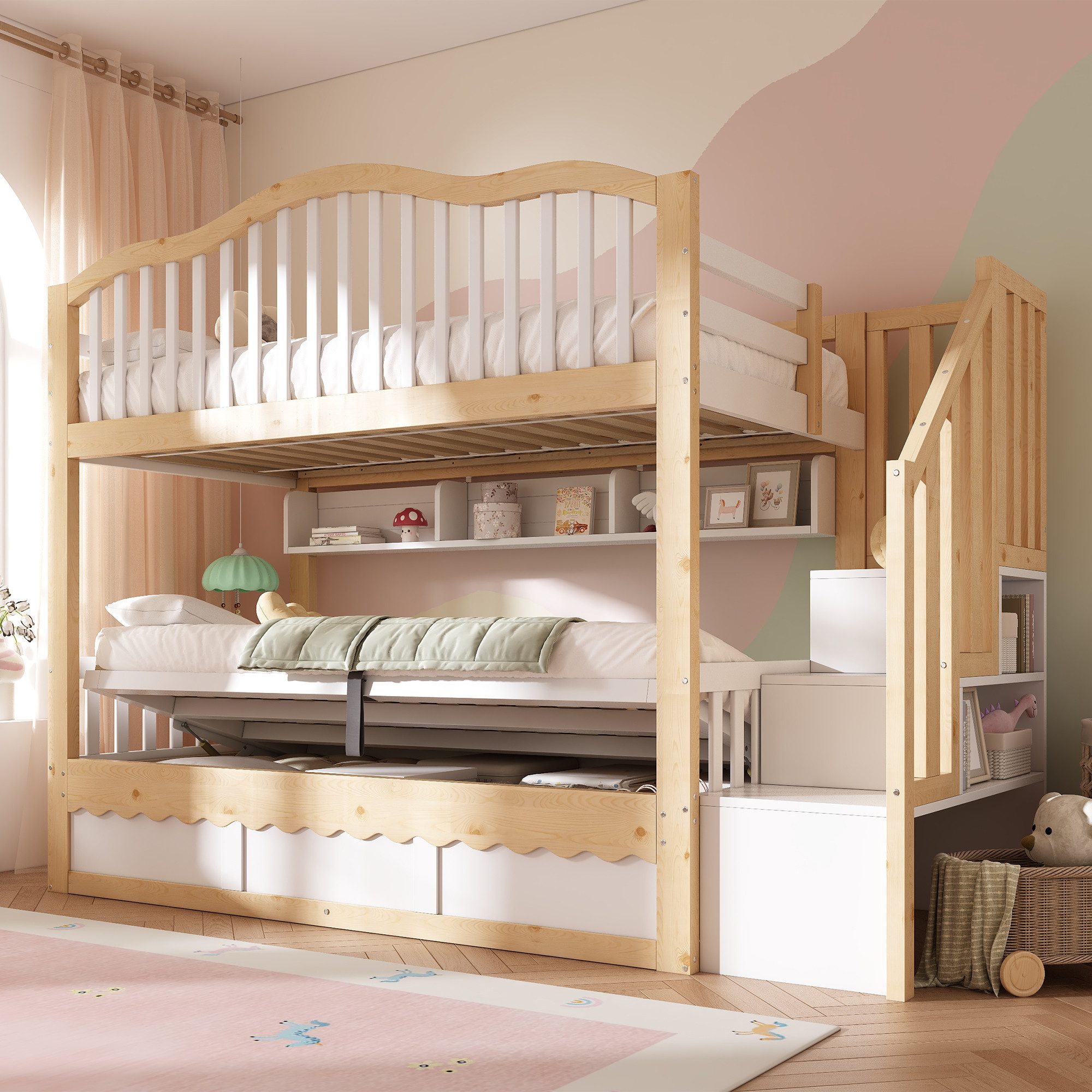 Flieks Etagenbett, Kinderbett 90x200cm mit Hydraulischem Stauraum und Sicherheitstreppe