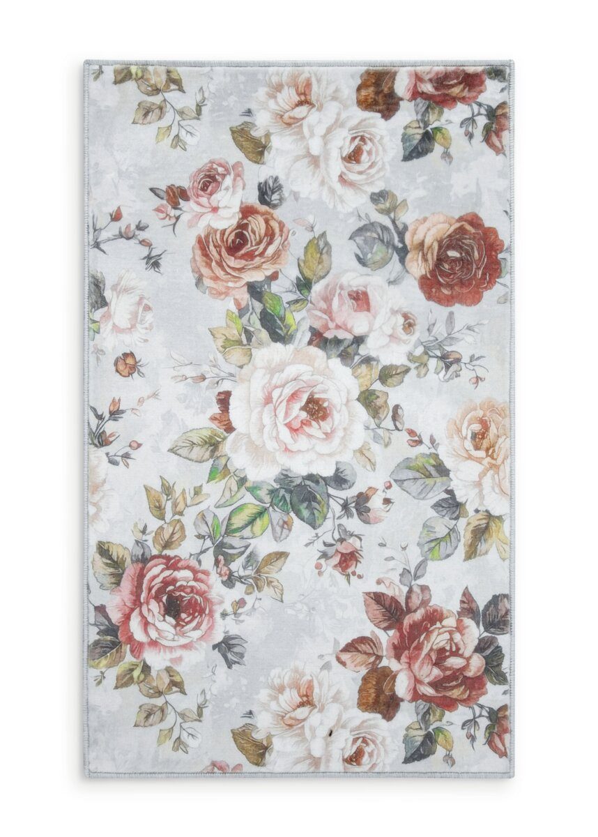 Eurofirany Teppich NATUR, rechteckig, Höhe: 5 mm, Blumen Vintage, floraler Teppich mit Printmuster, rutschhemmend