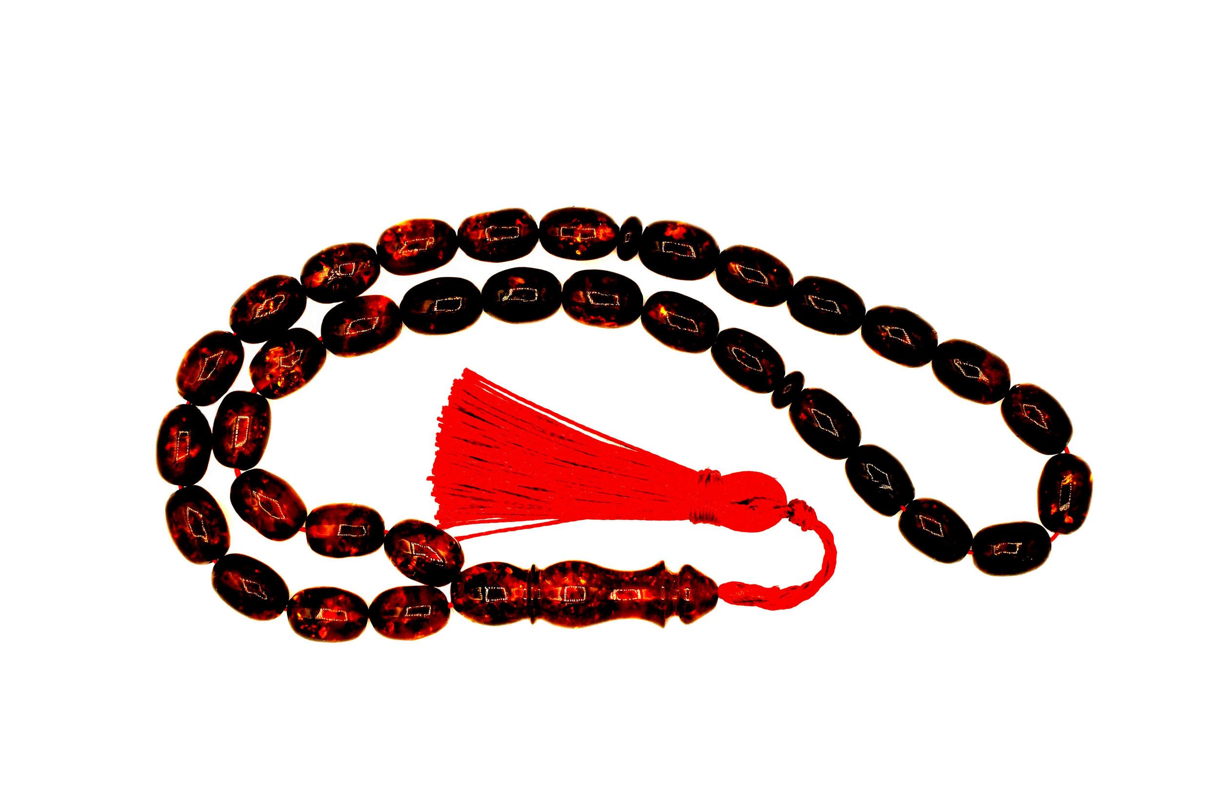 MyBer® Kettenanhänger Islamische Moslemische Gebetskette 33 Bernstein Perlen (PMBER127_R44, 1-tlg., Misbaha, Subha, Tasbih, mit roten Quasten), dunkelbraun, handgefertigt, echter Ostseebernstein