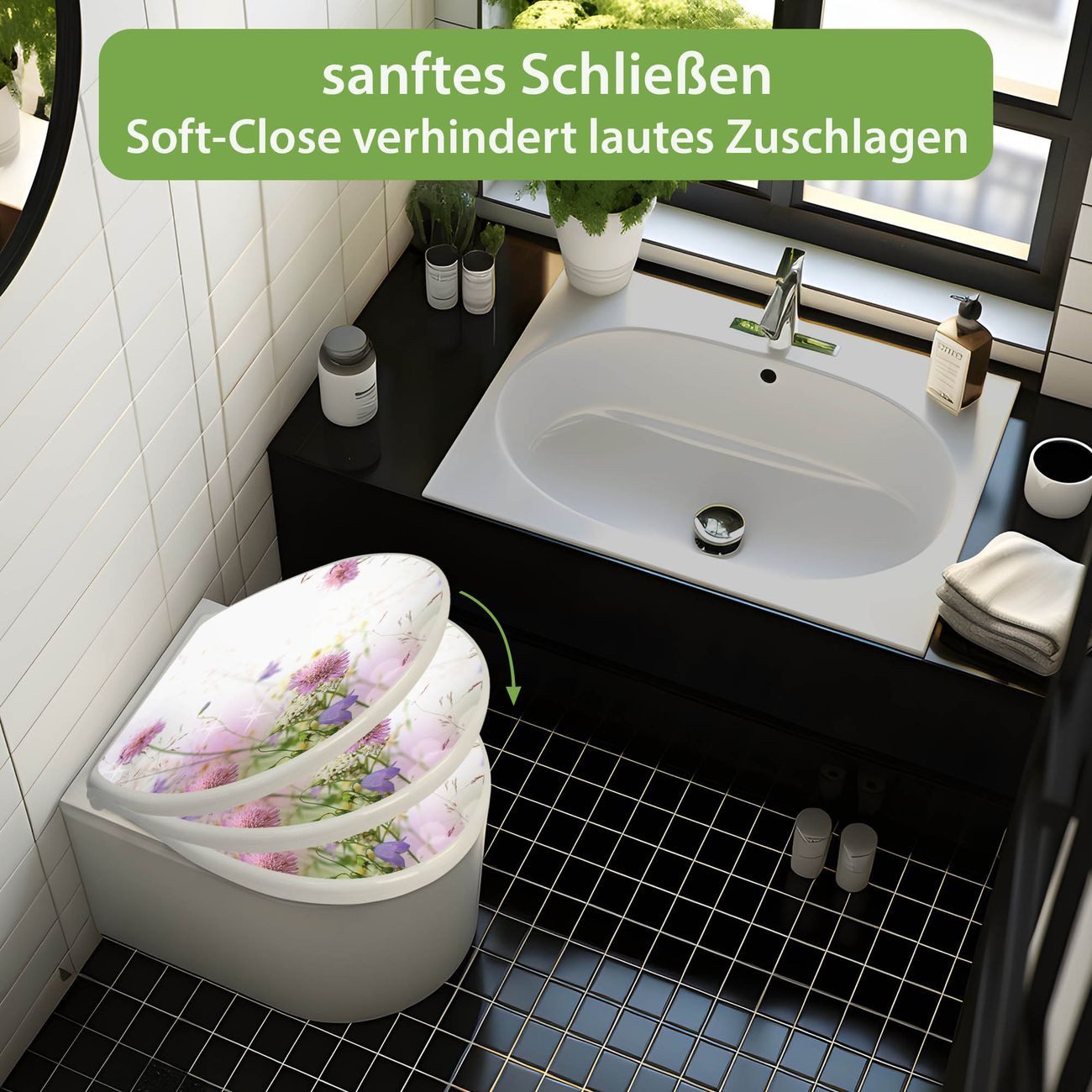 banjado WC-Sitz mit Absenkautomatik Motiv Glitzernde Wiese (umweltfreundliches Material, integrierte Scharniere), 44,5 x 37 x 5 cm – Bild 4 von 5