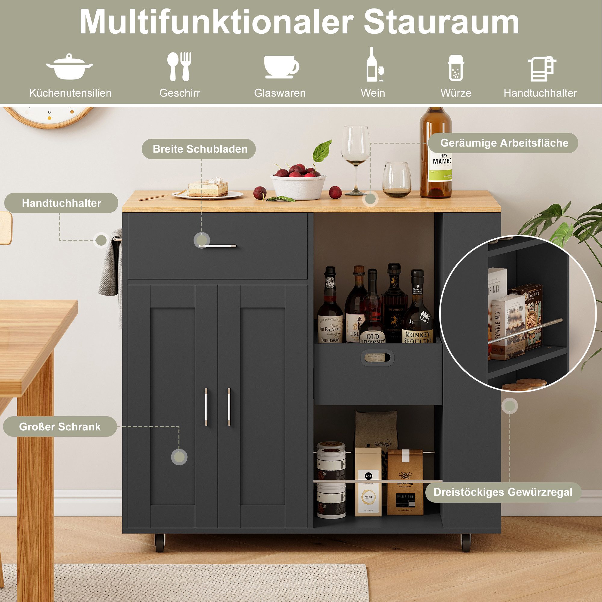 BELUPAI Kücheninsel Küchenschrank aus Holz mobile Küchenwagen mit Schubladen, mit Rollen und 3 Gewürzregal,Küchentisch mit Handtuchhalter,Schwarz