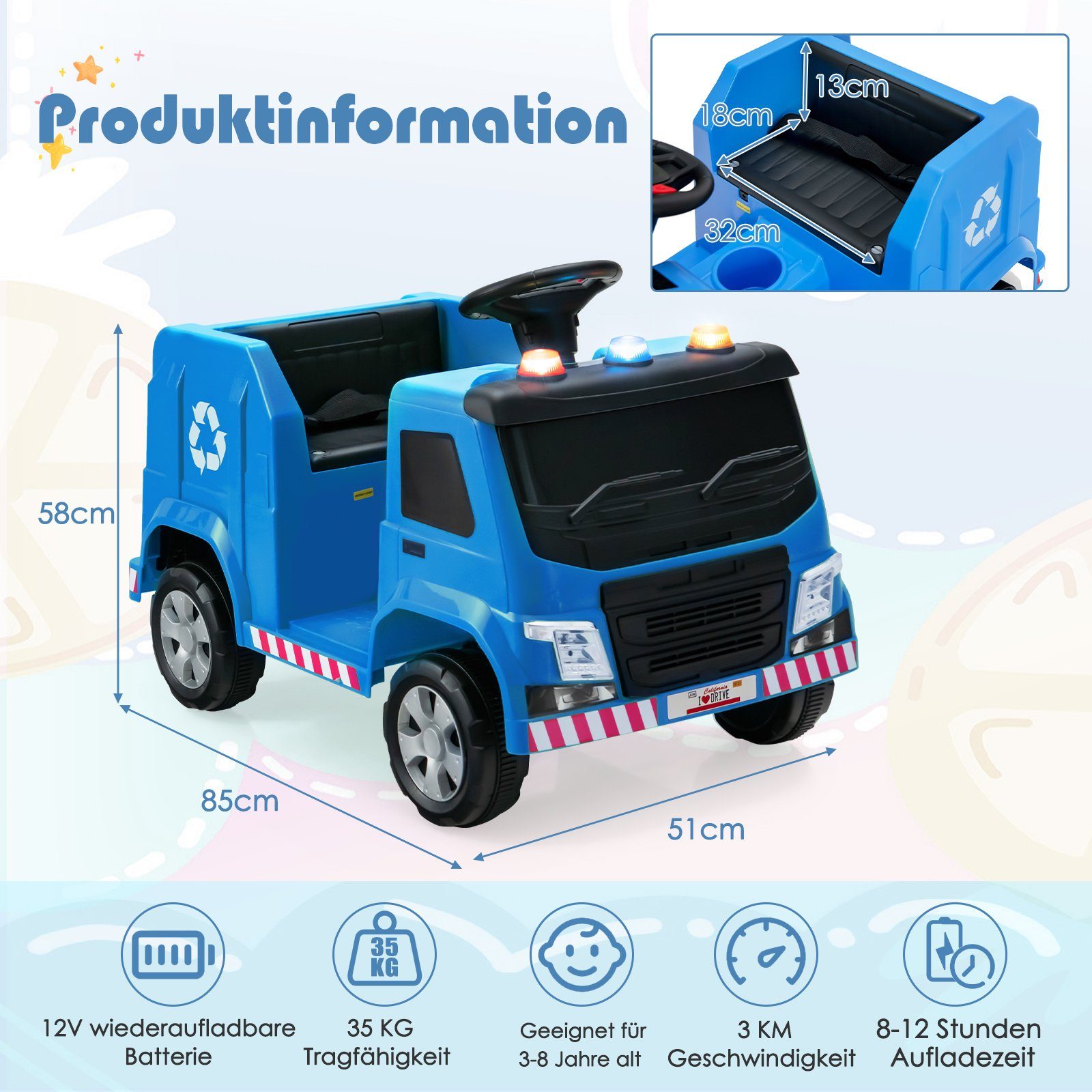 inkl. Müllwagen, blau 12V COSTWAY 6 Zubehör Elektro-Kinderauto