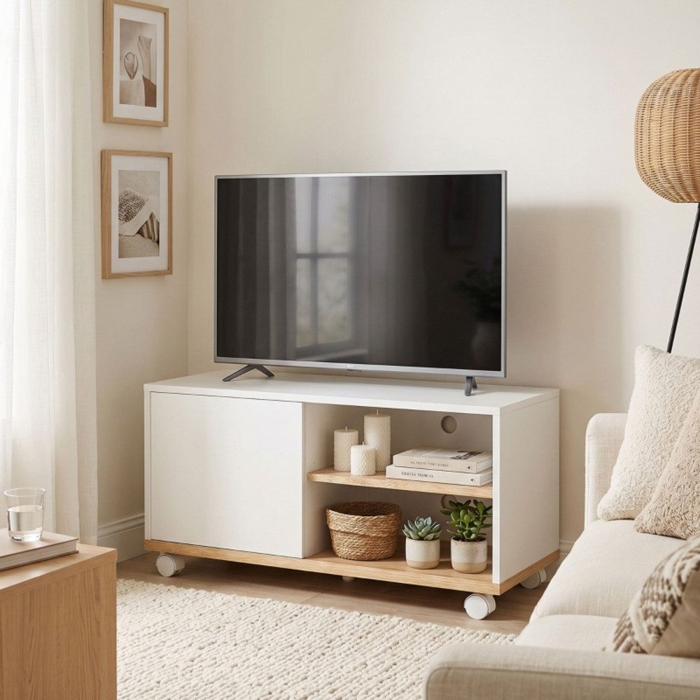 REDOM TV-Schrank TV-Rollwagen mit Feststellrollen für Fernseher (Packung, 1-St., Weiß Eiche Dekor 80x45x41cm Wohnzimmerschrank) TV-Schrank mit Stauraum und höhenverstellbarem Einlegeboden
