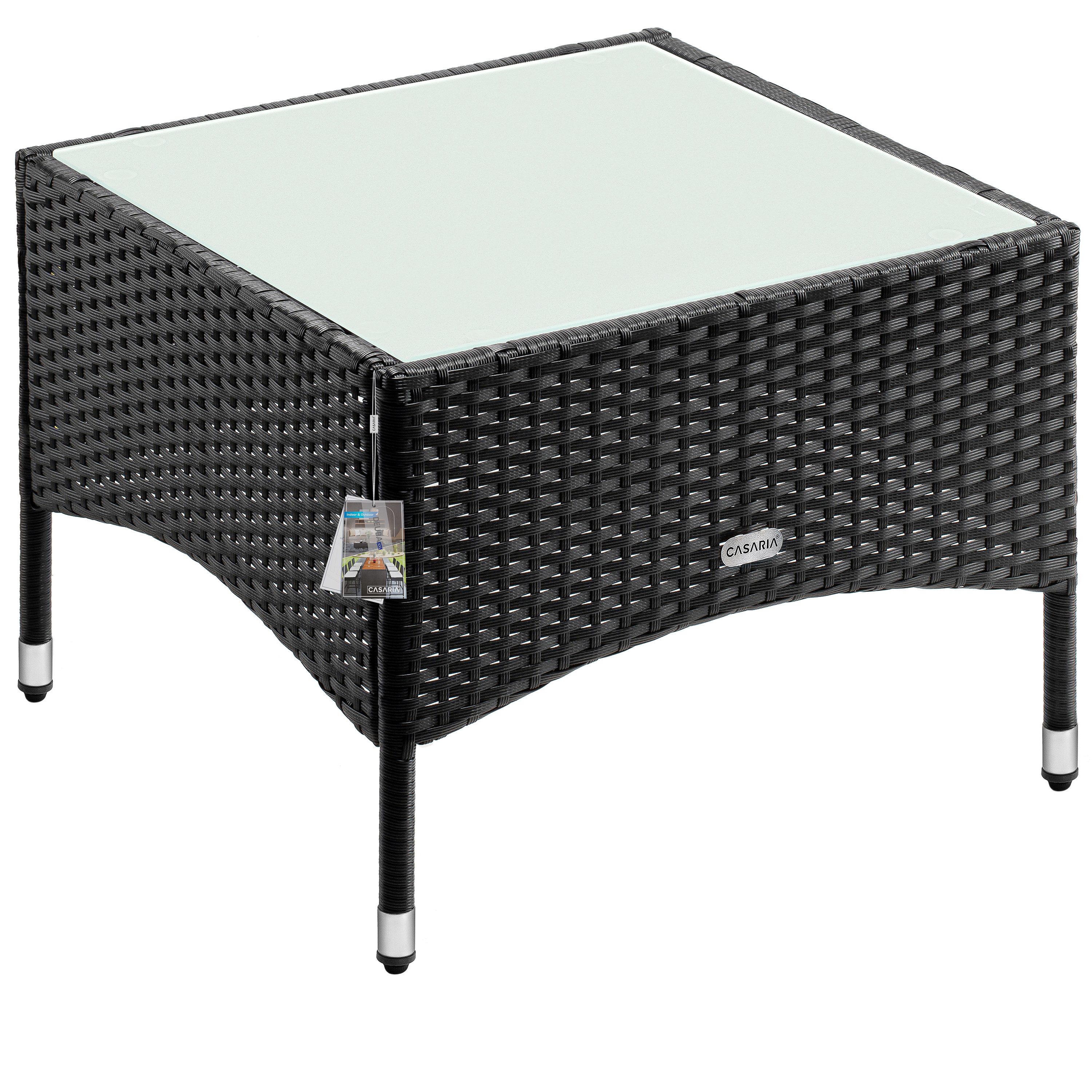 Casaria Beistelltisch, Polyrattan 58x58x42cm Höhenverstellbar 5mm Glasplatte Wetterfest