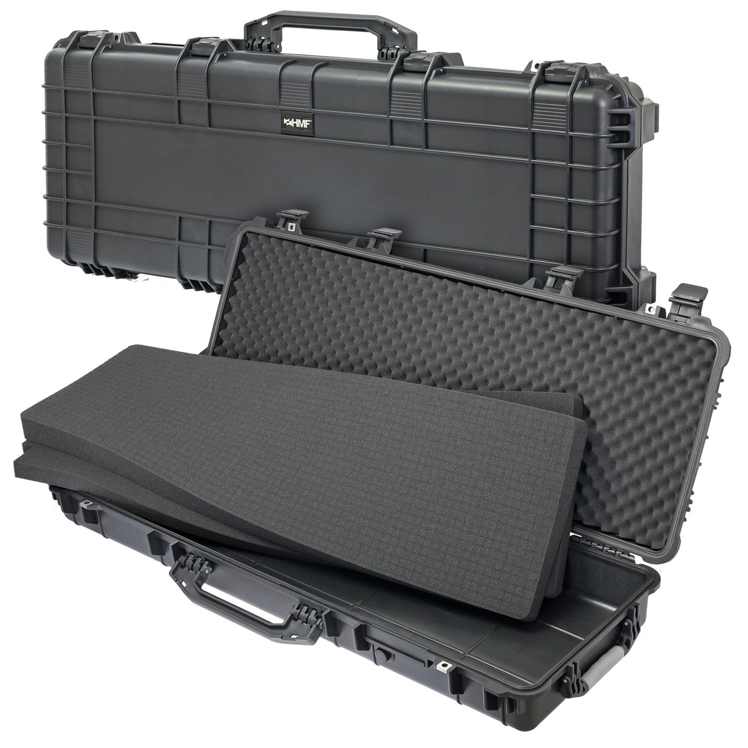 HMF Transportbehälter vielseitiger Transportkoffer, robuster Outdoorkoffer, Rasterschaumstoff, 113 x 42 x 16,5 cm, schwarz