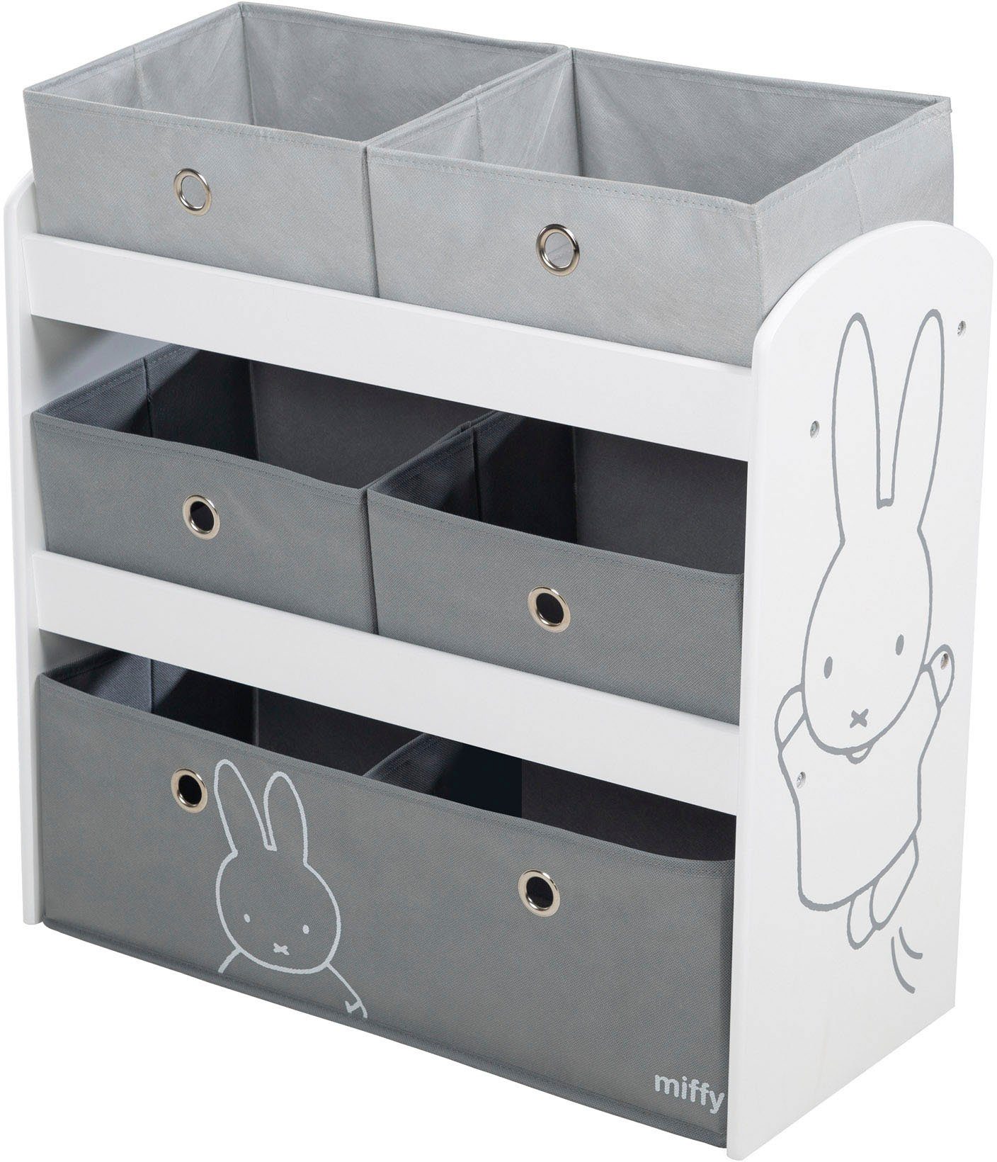 roba® Kinderregal miffy®, grau, inklusive 5 Stoffboxen in 2 Größen | Standregale