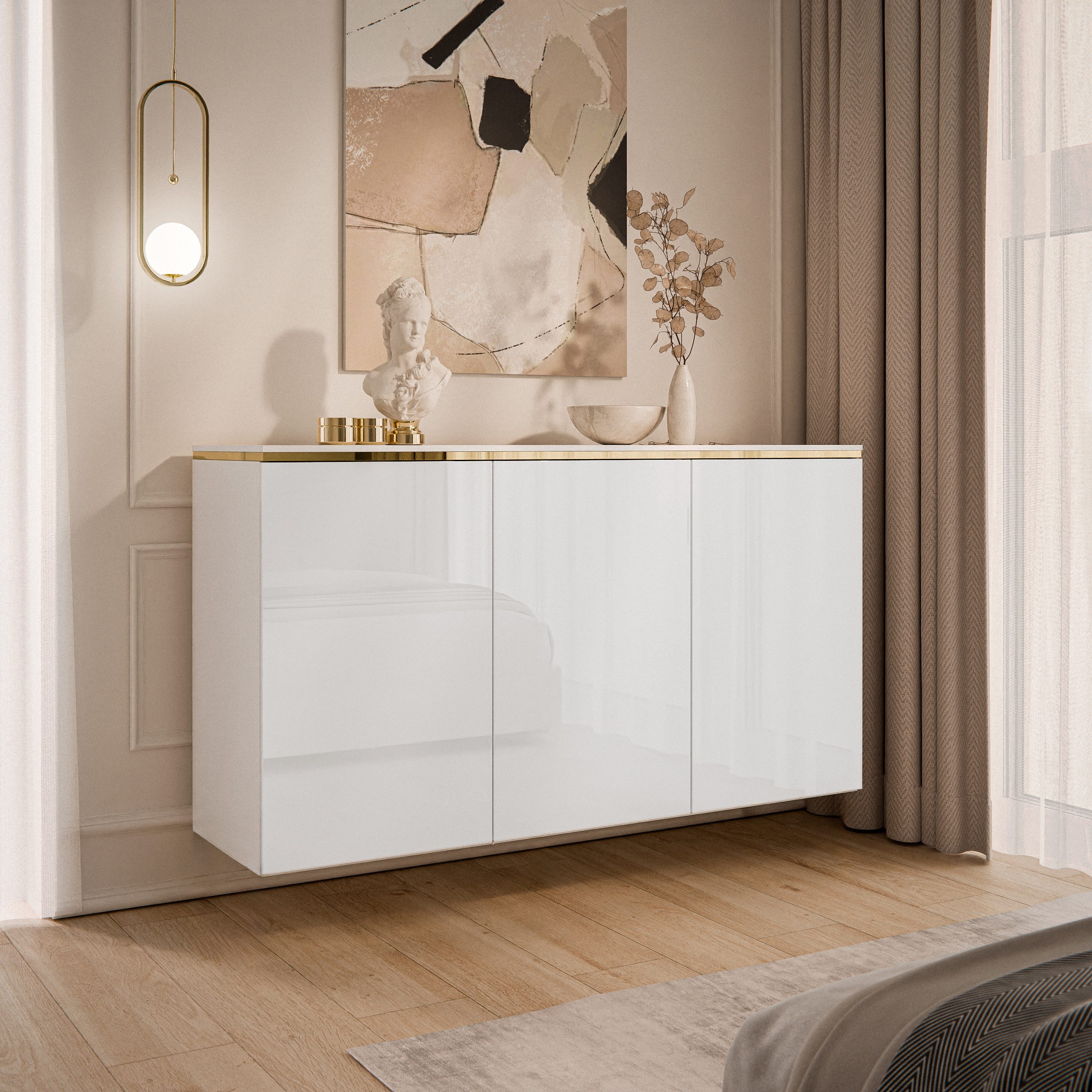 Lookway Kommode AURORA II im weiß glänzend mit Griffloses Öffnungssystem, Breite: 140 cm, Höhe: 89/90 cm, Tiefe: 40 cm – Bild 2 von 5