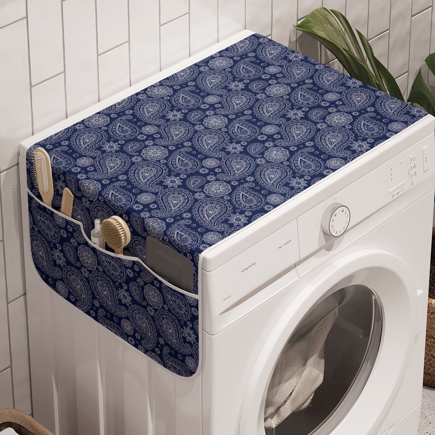 Abakuhaus Badorganizer Anti-Rutsch-Stoffabdeckung für Waschmaschine und Trockner, blau Paisley Sketch Stil Motive