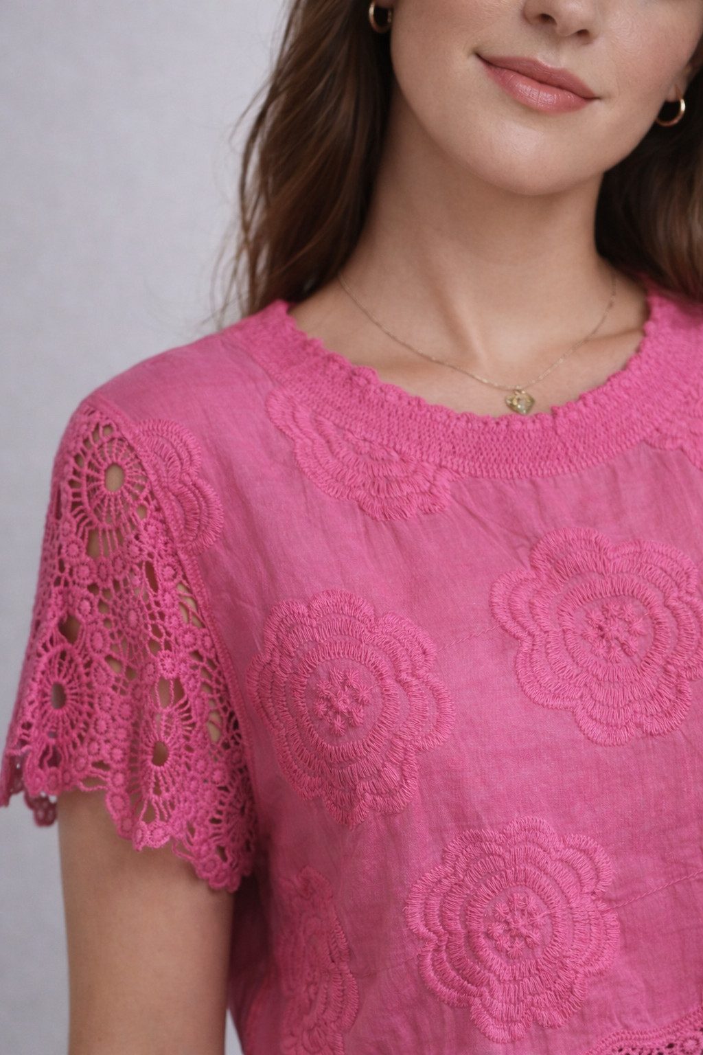 ITALY VIBES Spitzenbluse - Häkelbluse - Bluse pink - Shirtbluse - Kurzarm - ITALY VIBES ONE SIZE - passend für Größen XS - L