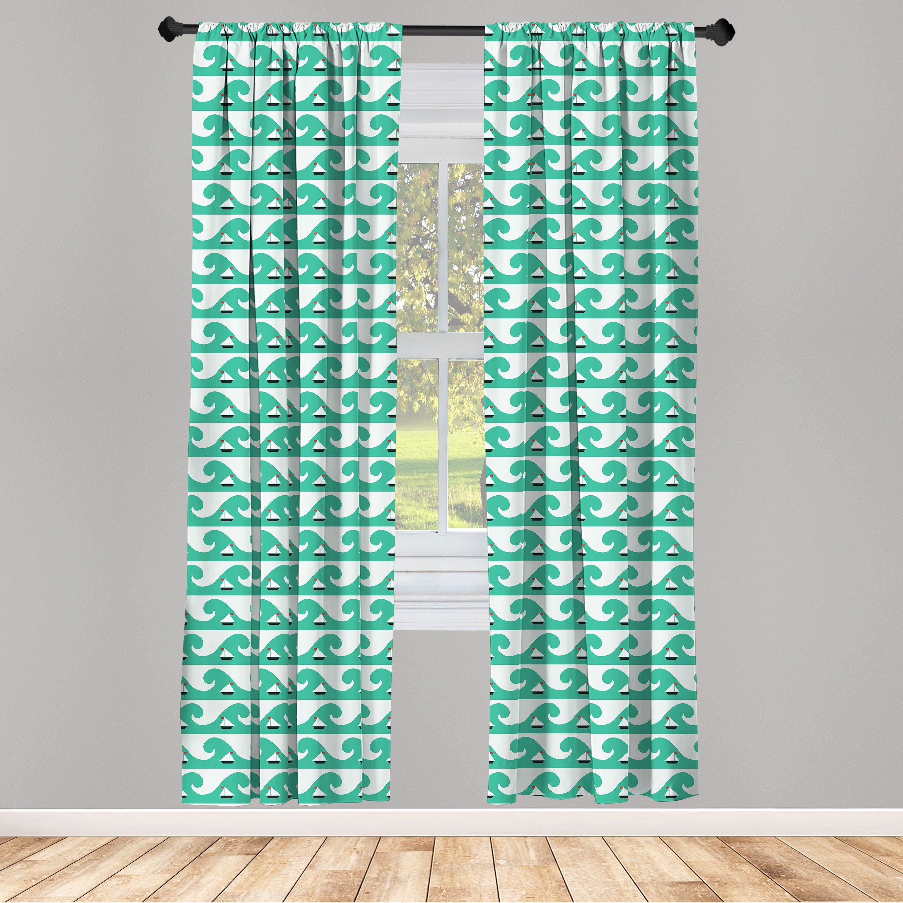Gardine Vorhang für Wohnzimmer Schlafzimmer Wellen Dekor, Abakuhaus, Microfaser, Kleine Segelboote und Nautisch
