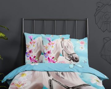 Bettwäsche weißes Pferd Horses Blume pink blau hellblau, soma, Baumolle, 2 teilig, Bettbezug Kopfkissenbezug Set kuschelig weich hochwertig