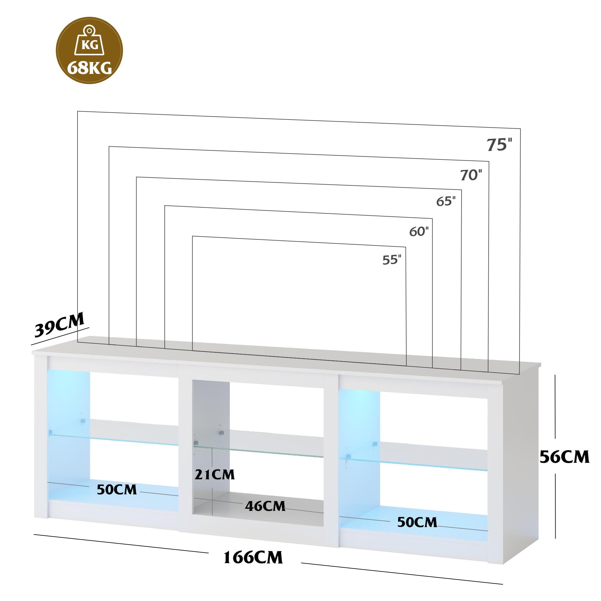 WLIVE Lowboard TV-Schrank mit RGB-LED (22 Modi), 3 offene Fächer & verstellbare (Länge 166 cm, Weiß, TV Board für 55/60/ 65/70/75/Zoll Fernseher), 166 x 39 x 56 – Bild 3 von 5