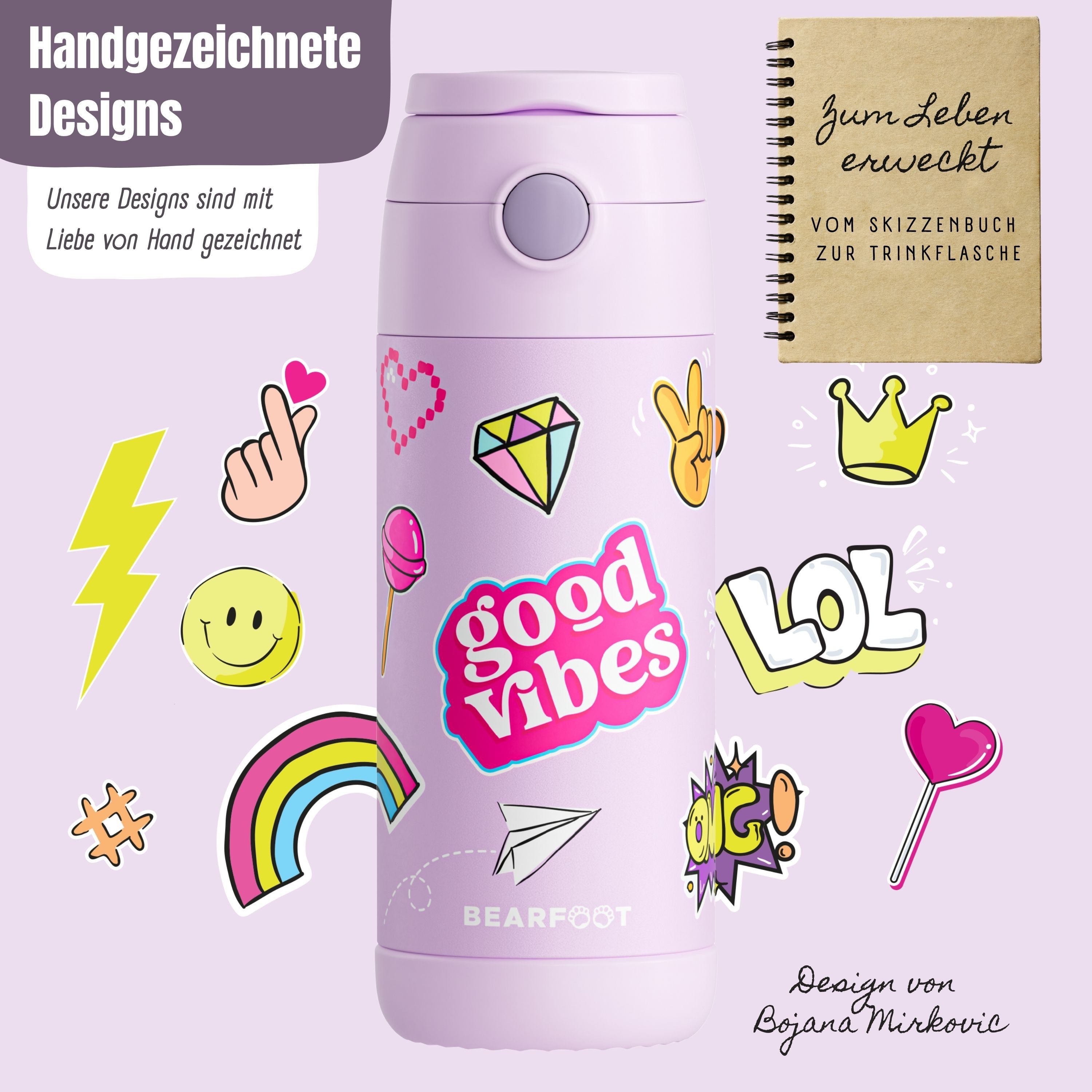 BEARFOOT Trinkflasche Thermo Kinder Trinkflasche Edelstahl - Sticker lila, Thermosflasche, auslaufsicher, Edelstahl, Kinderflasche, BPA-frei – Bild 4 von 5