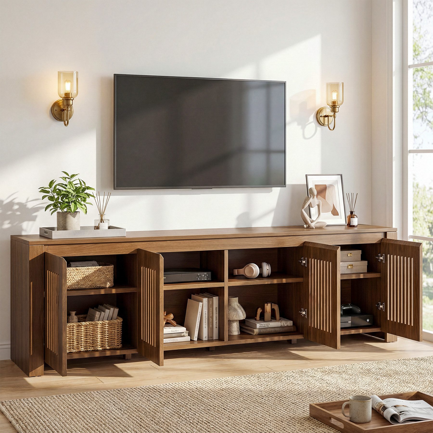 Tribesigns TV-Schrank 140 x 35 x 51 cm, Lowboard Stehend mit 8 Staufächern (TV Sideboard Wohnzimmer für 65" Fernseher, TV Cabinet Fernsehtisch)