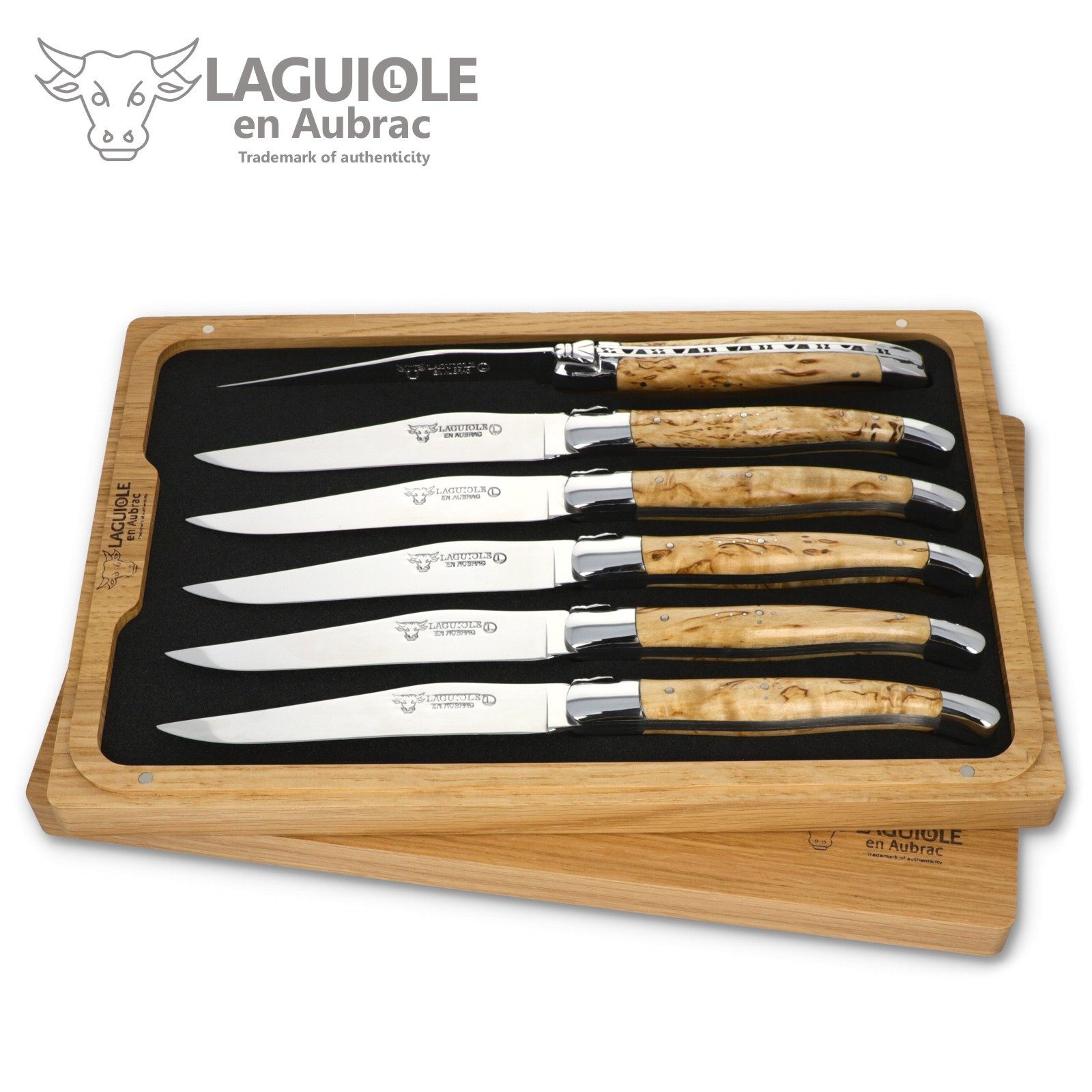 Laguiole en Aubrac Steakmesser 62C99BHIH BRI 6er Set - Griff Birke - Backen glänzend - Klinge glänzend - Holzbox