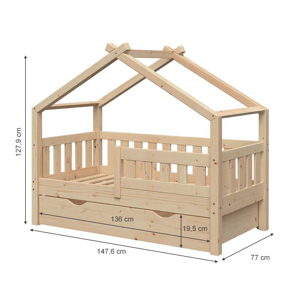 VitaliSpa® Hausbett Design, Naturholz, 70x140 cm mit Schublade (2-tlg)