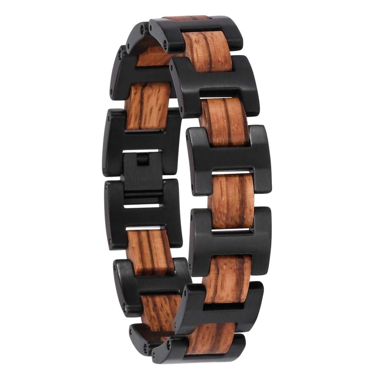 Holzkern Edelstahlarmband 9120078334218, Herrenarmband Edelstahl mit Holz Acoustic Zebrano/Schwarz