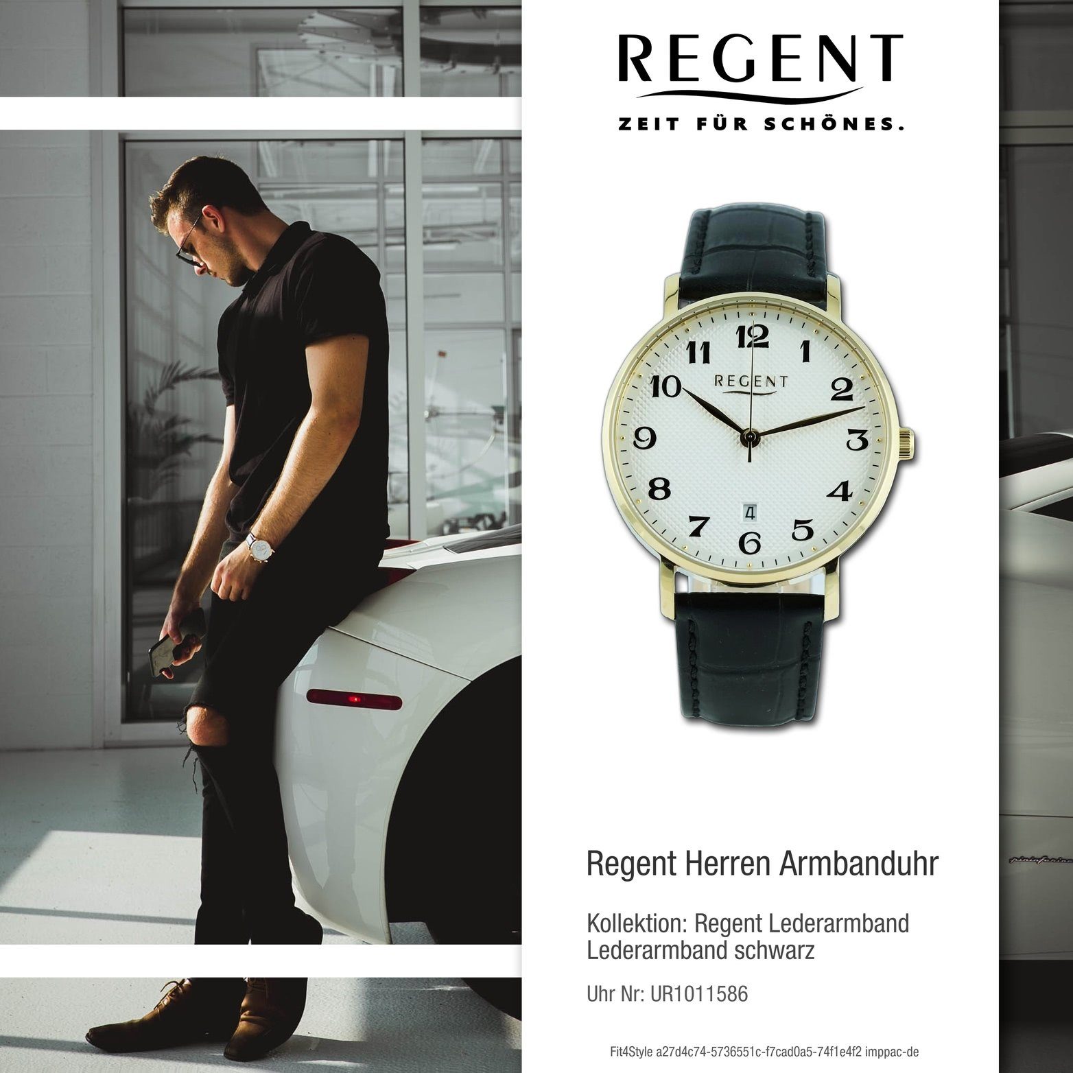Regent Quarzuhr Regent Gehäuse, rundes groß Analog, Armbanduhr (ca. 39mm) extra schwarz, Herren Lederarmband Herrenuhr