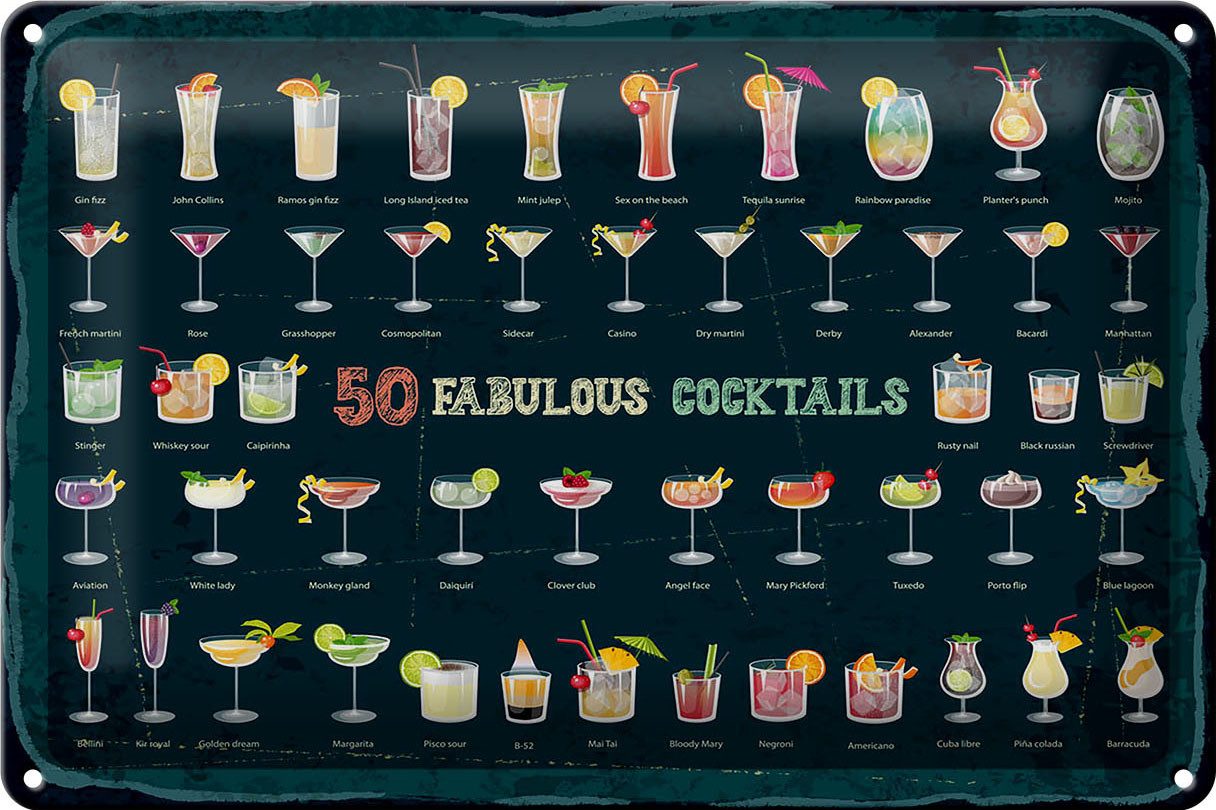 Metallschild 50 Fabulous Cocktails Drinks 30x20cm
